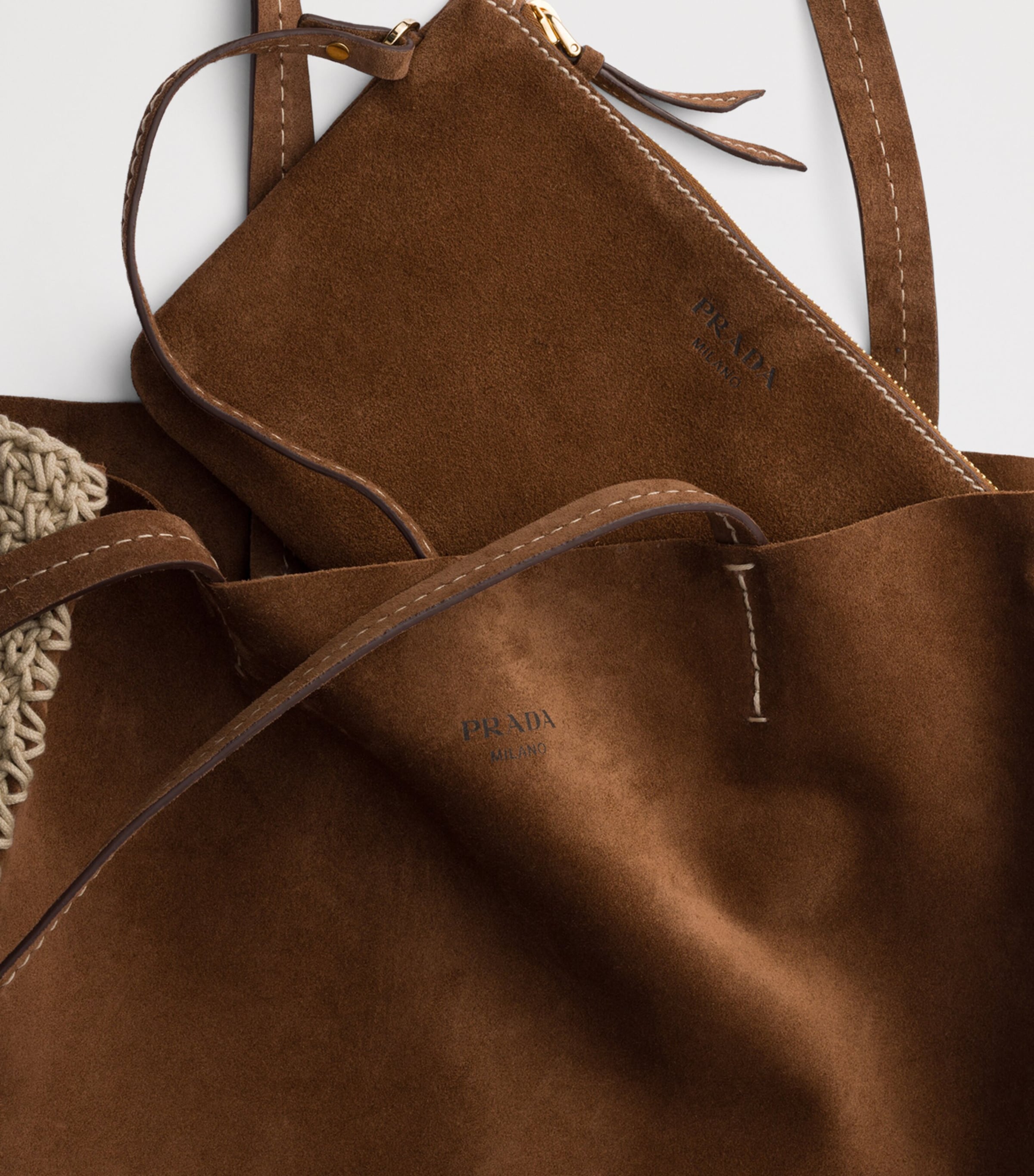 Prada Womens Large Leather-Crochet Tote Bag Brown Image 4