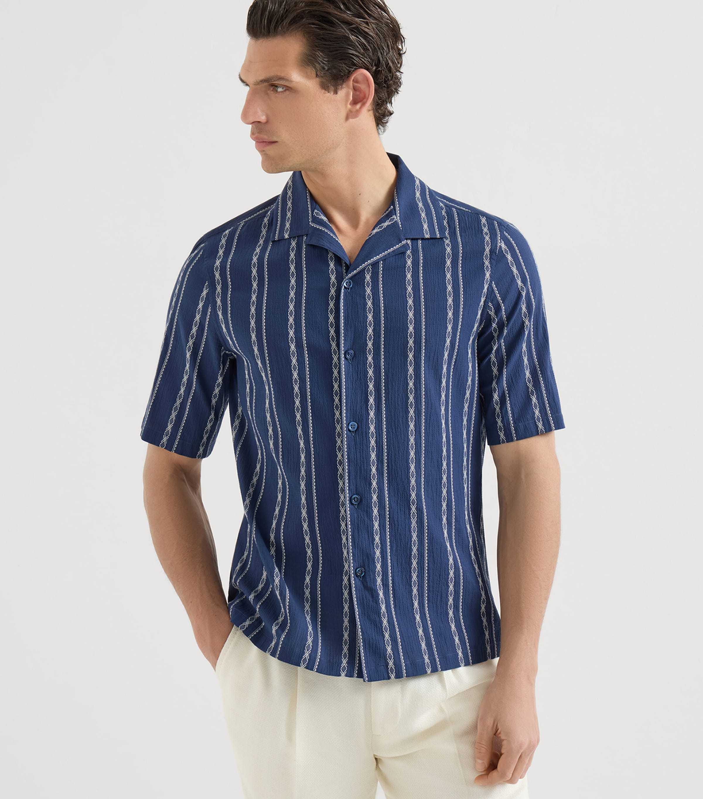 Brunello Cucinelli Mens Stretch-Cotton Stripe Short-Sleeve Shirt Image 3
