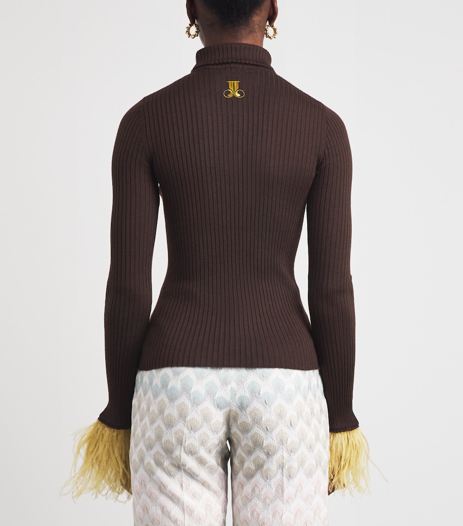 La Doublej Womens Cashmere-Silk Feather-Trim Sweater Solid Cocoa Image 5