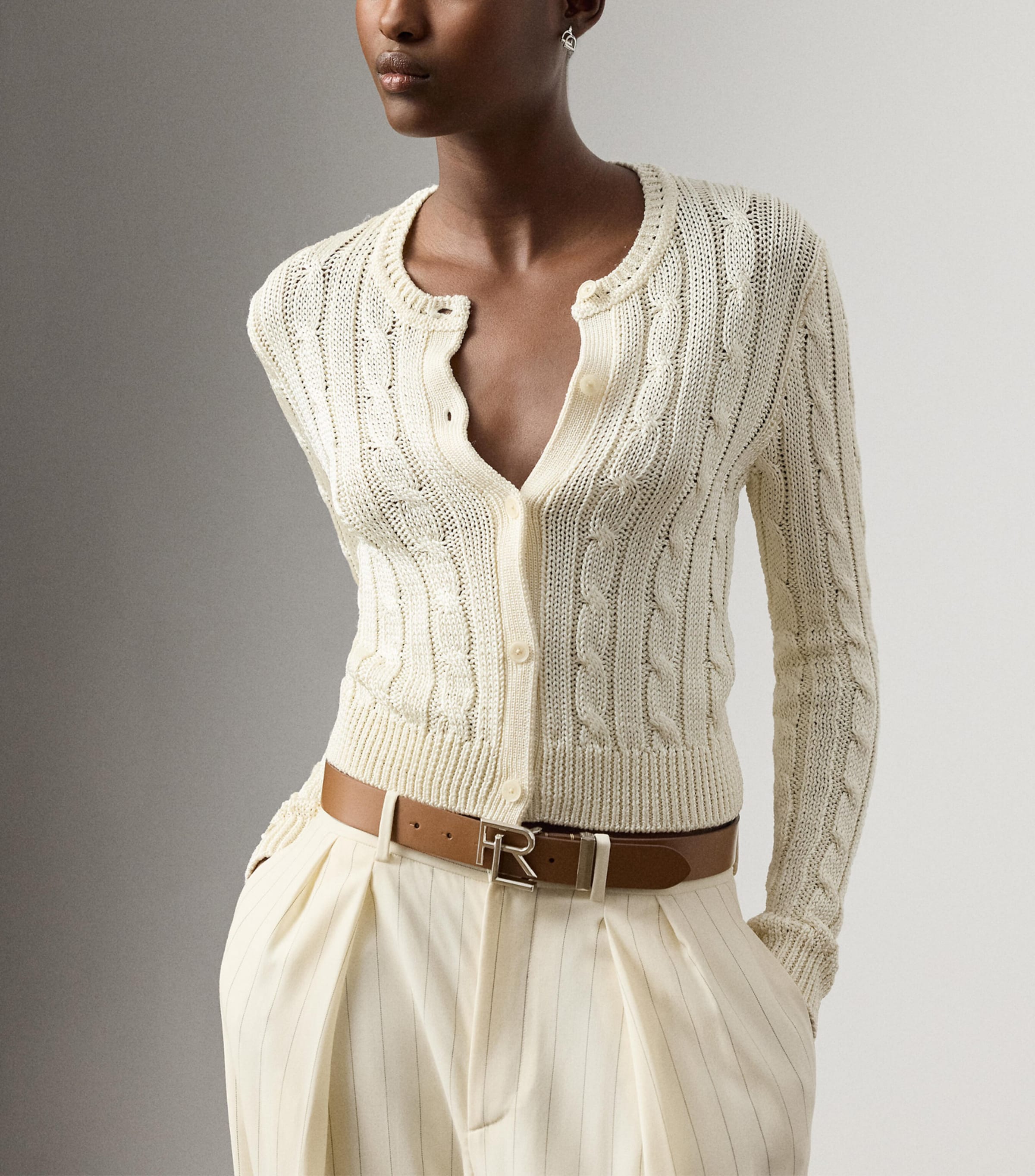 Ralph Lauren Collection Womens Silk Cable-Knit Cropped Cardigan Natural Image 4
