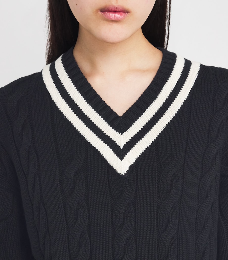 Cotton Aran-Knit V-Neck Sweater POLO BLACK/CRCKT CRM Image 6