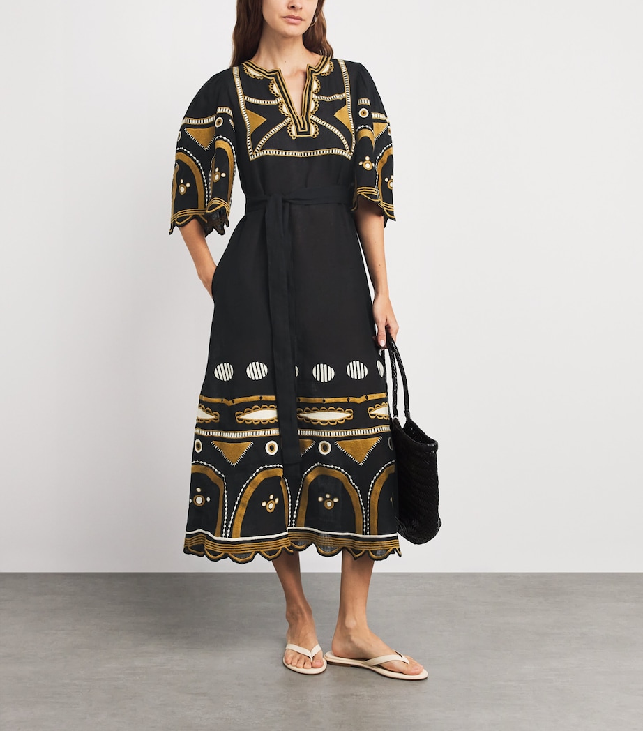 Linen Embroidered Midi Dress NOIR Image 2