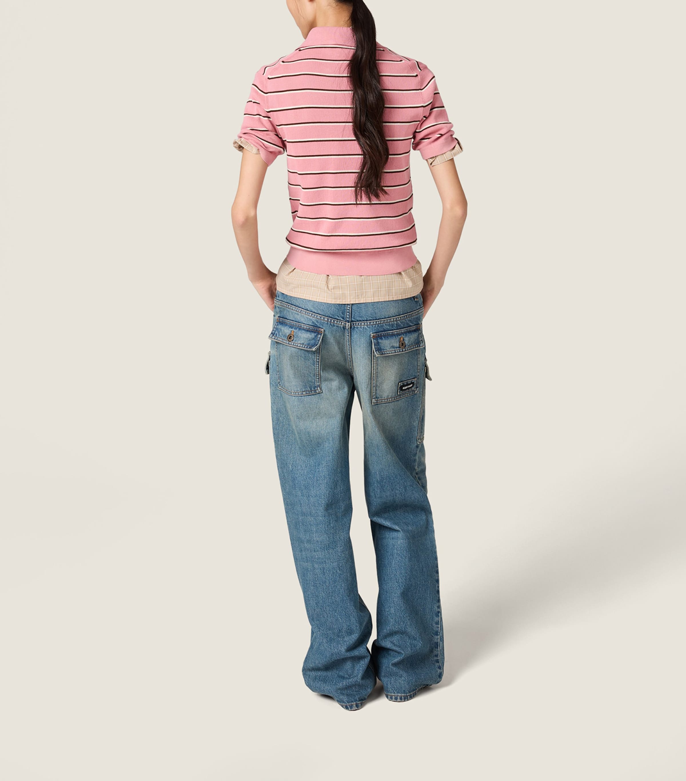 Miu Miu Womens Stretch-Cotton Stripe Polo Shirt Pink Image 3