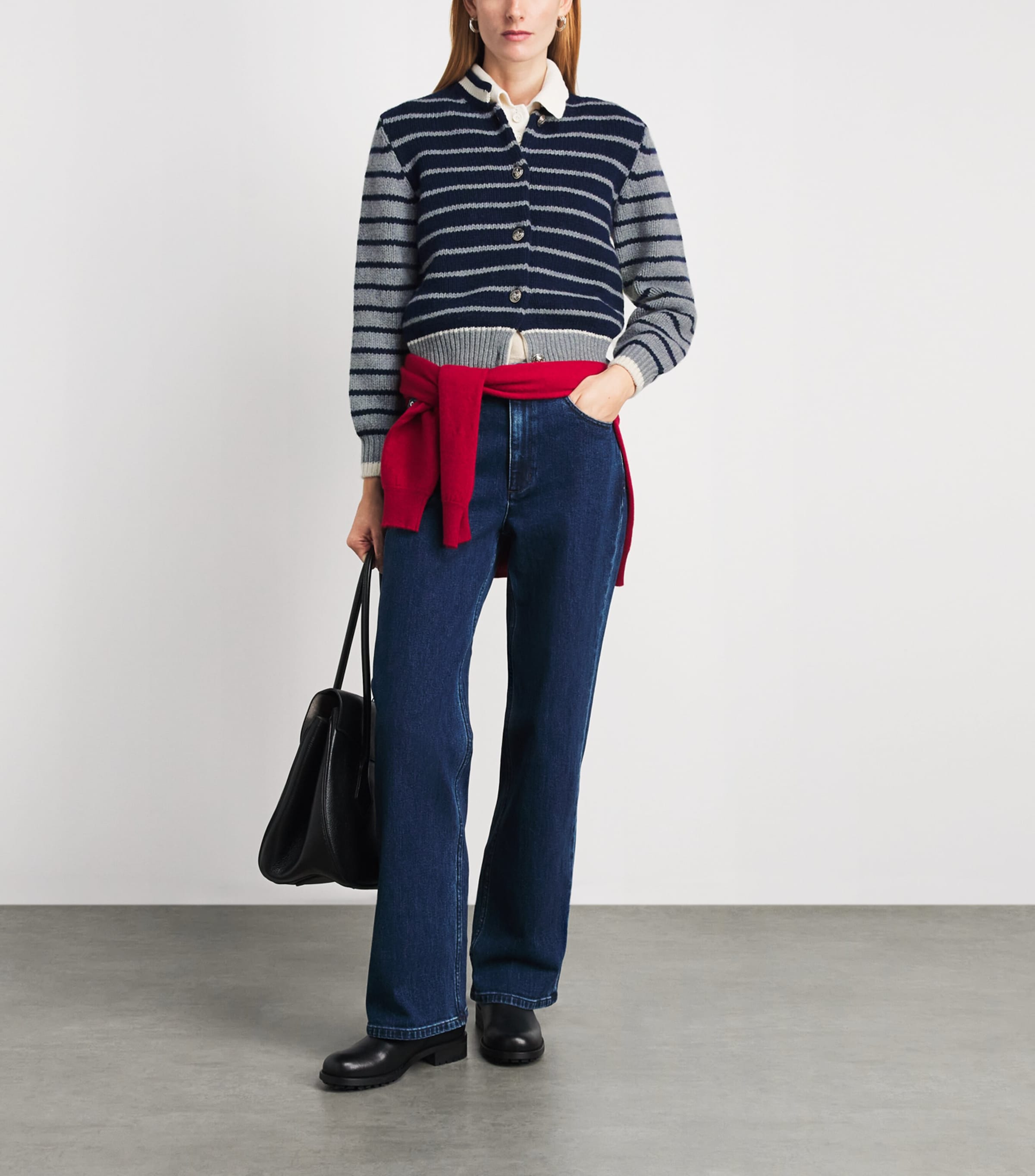 Barrie Womens Wool-Cashmere Stripe Cardigan Grey Flanel Mlti Image 2