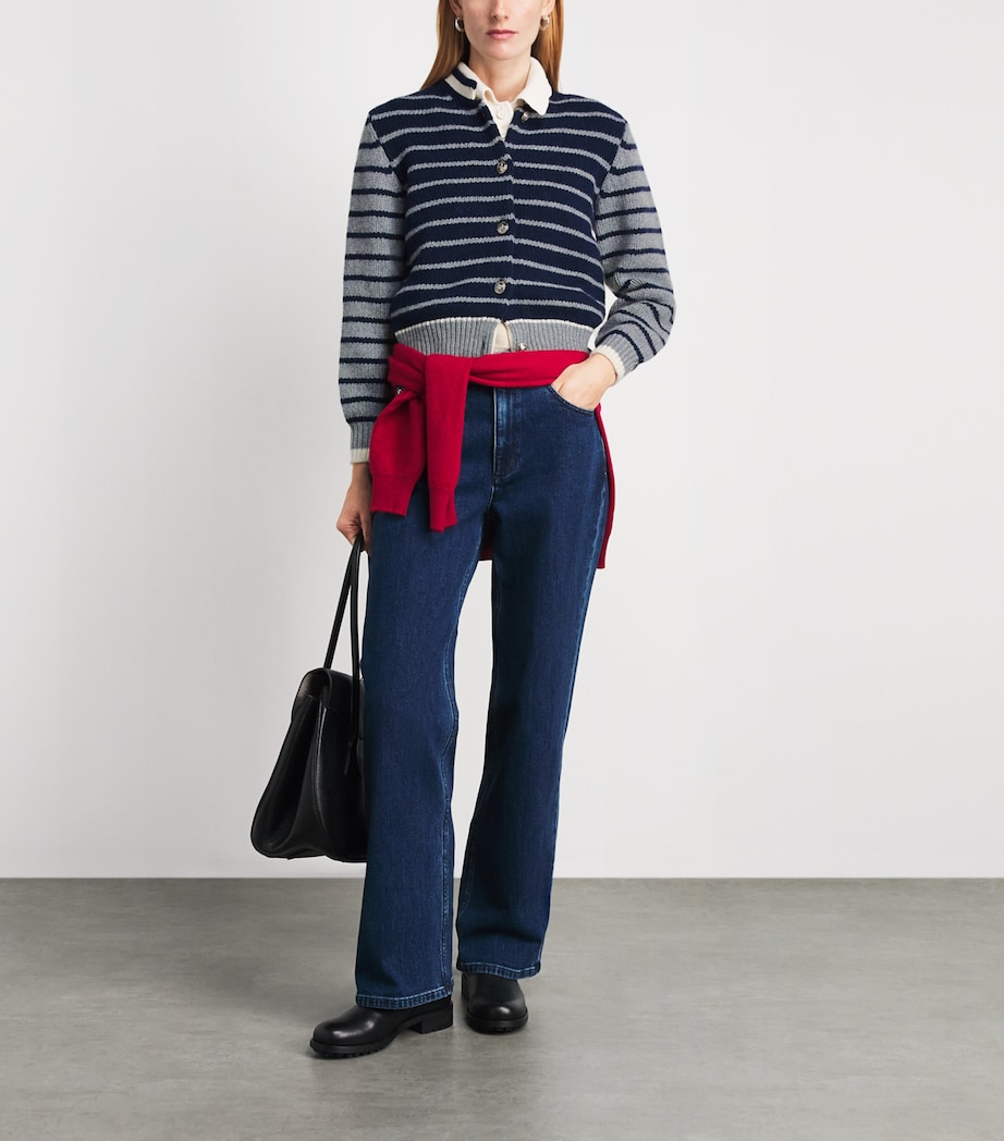 Barrie Womens Wool-Cashmere Stripe Cardigan Grey Flanel Mlti Image 2