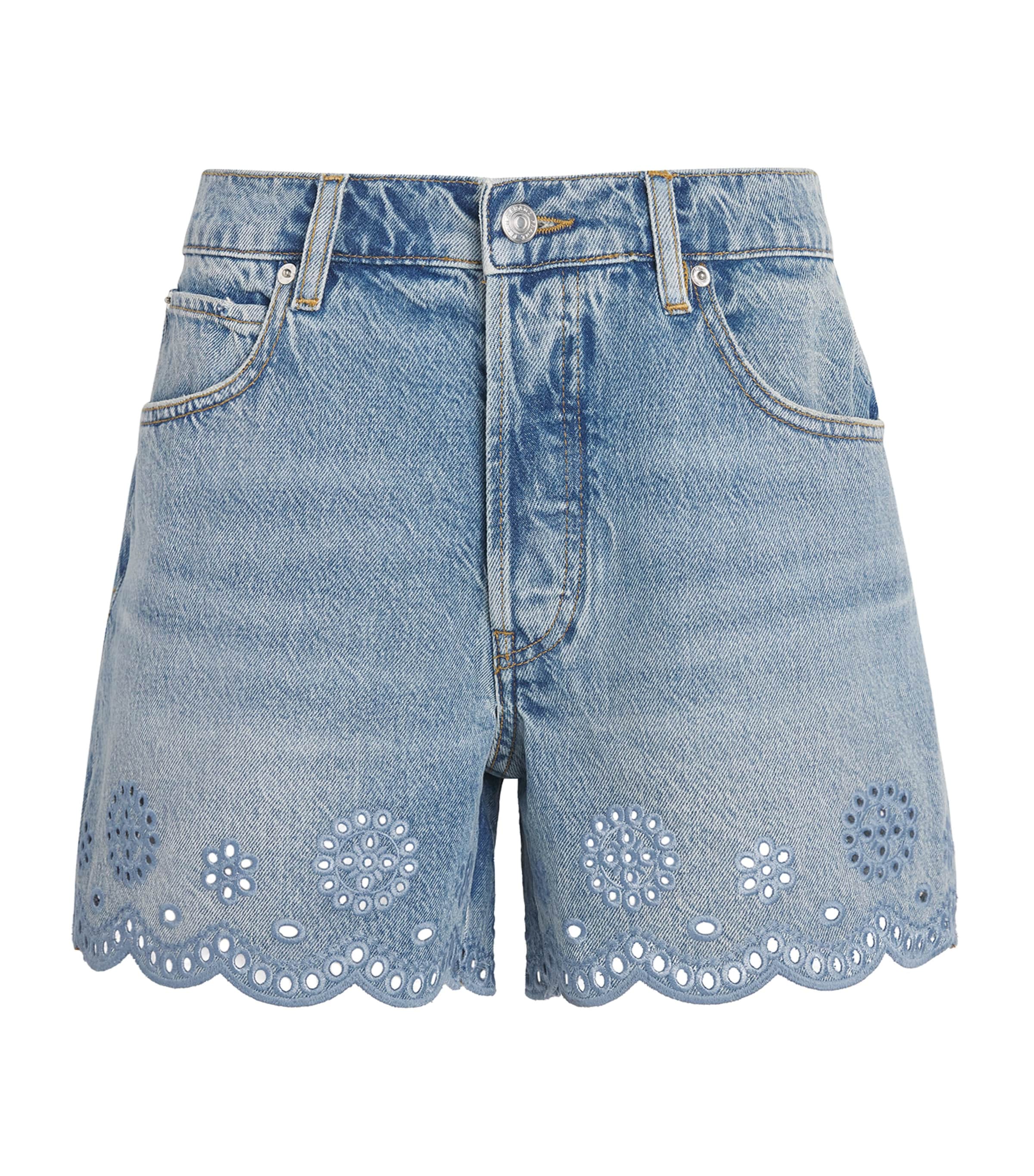 FRAME Womens The Long Hang Eyelet Denim Shorts Serene Image 1