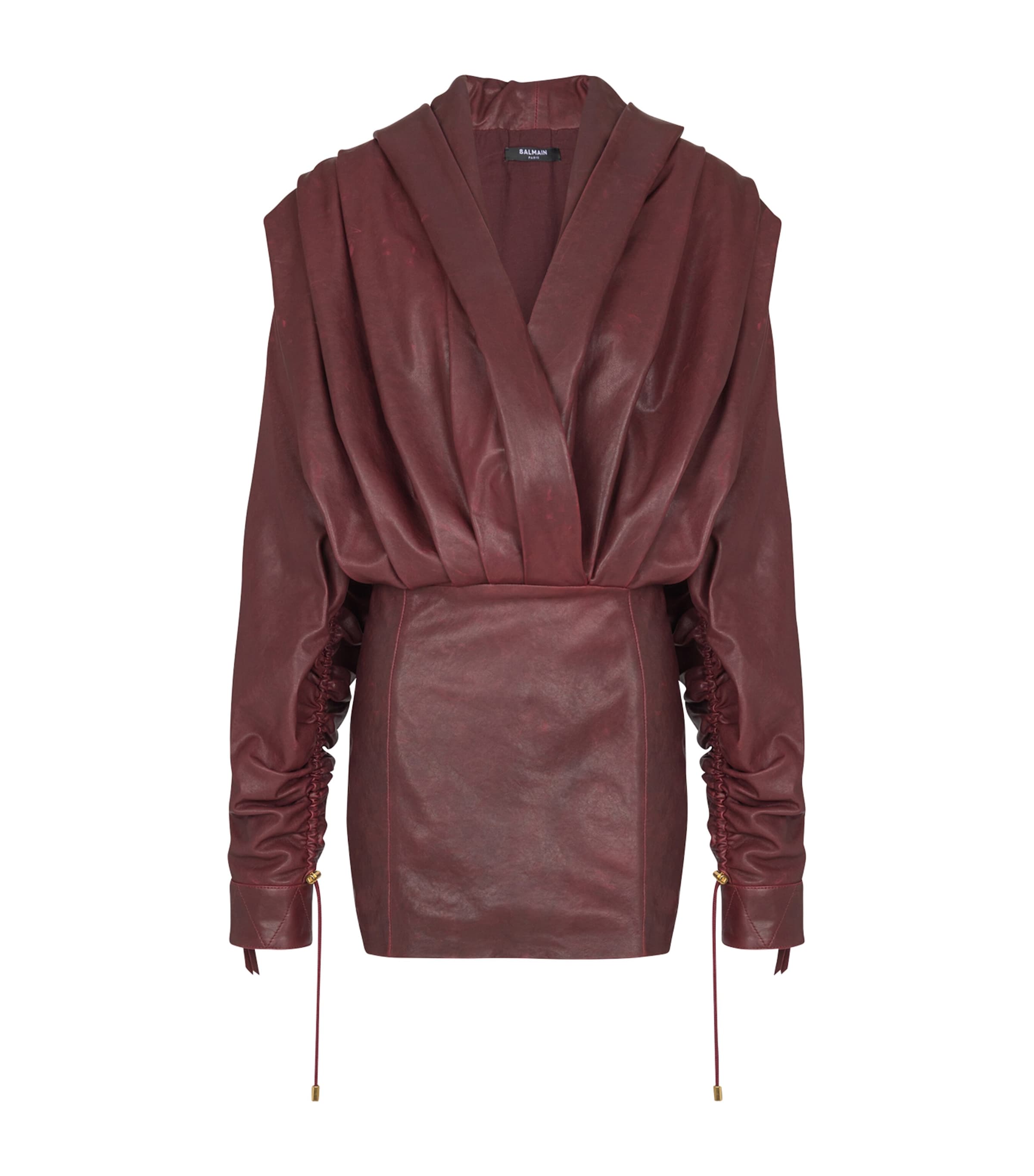 Balmain Leather Hooded Mini Dress In Brown