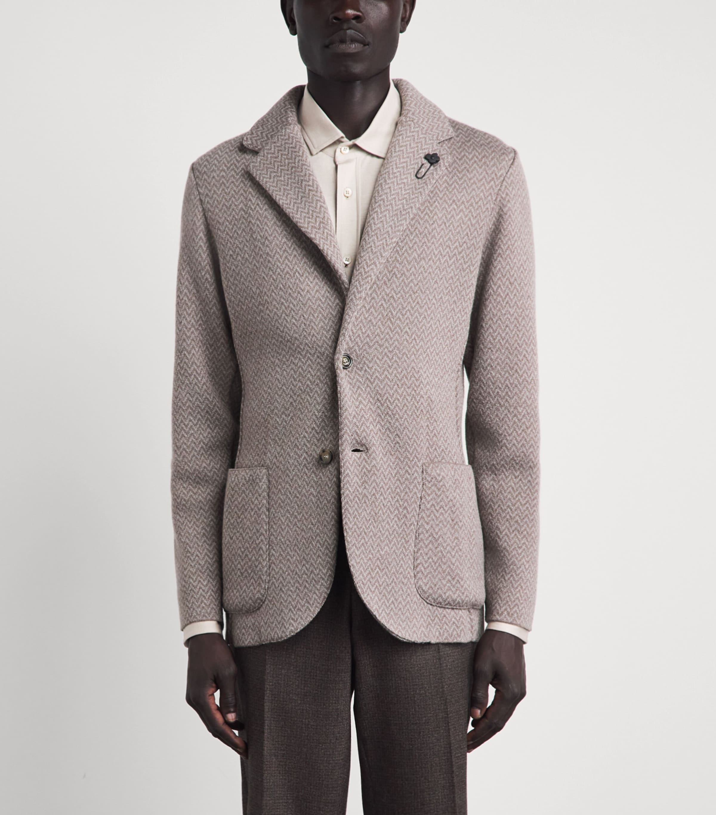 Lardini Mens Virgin Wool Knitted Blazer Chvrn Lght Beige Image 4