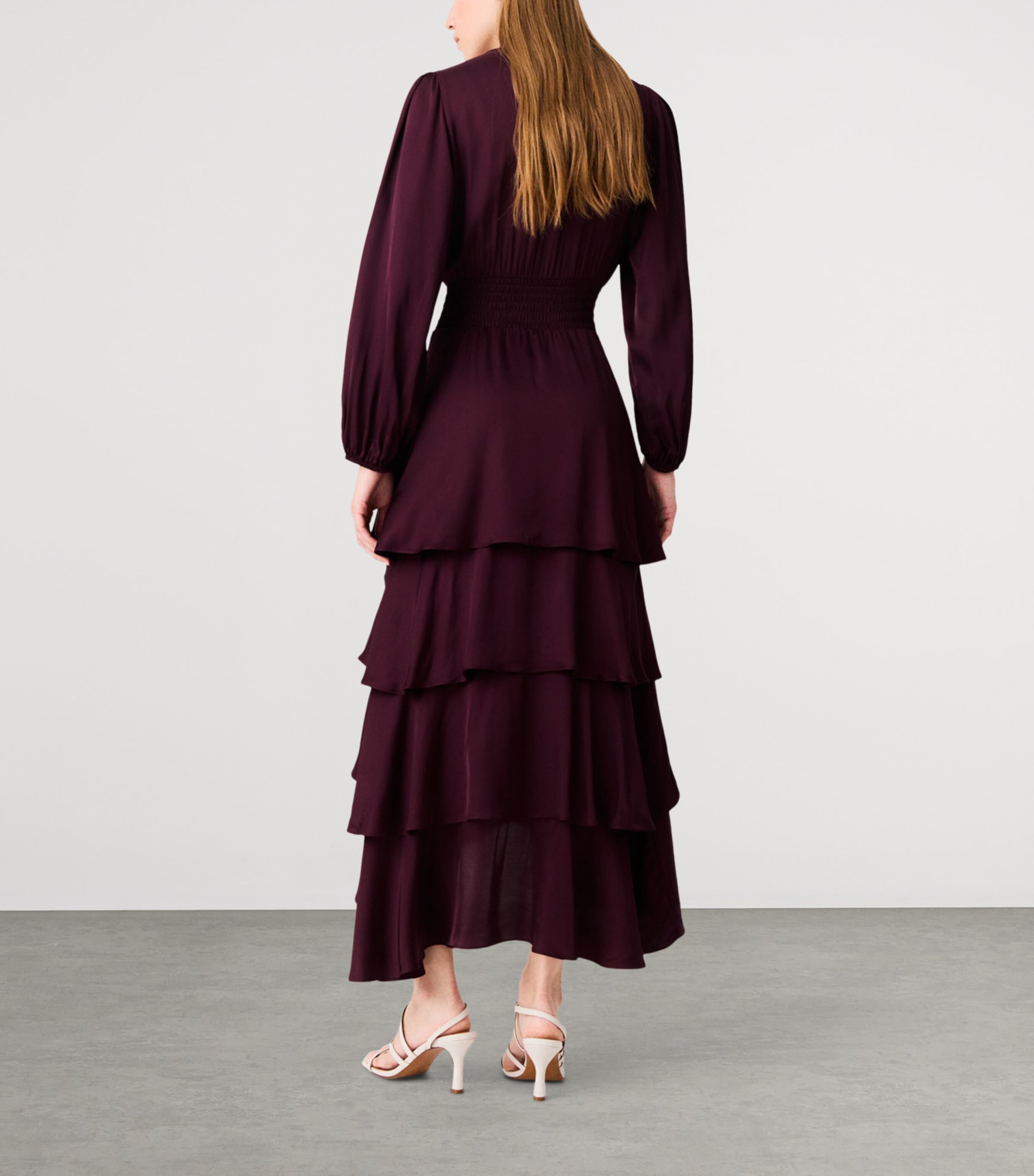 Maje Womens Tiered Pussybow Midi Dress Burgundy Image 4