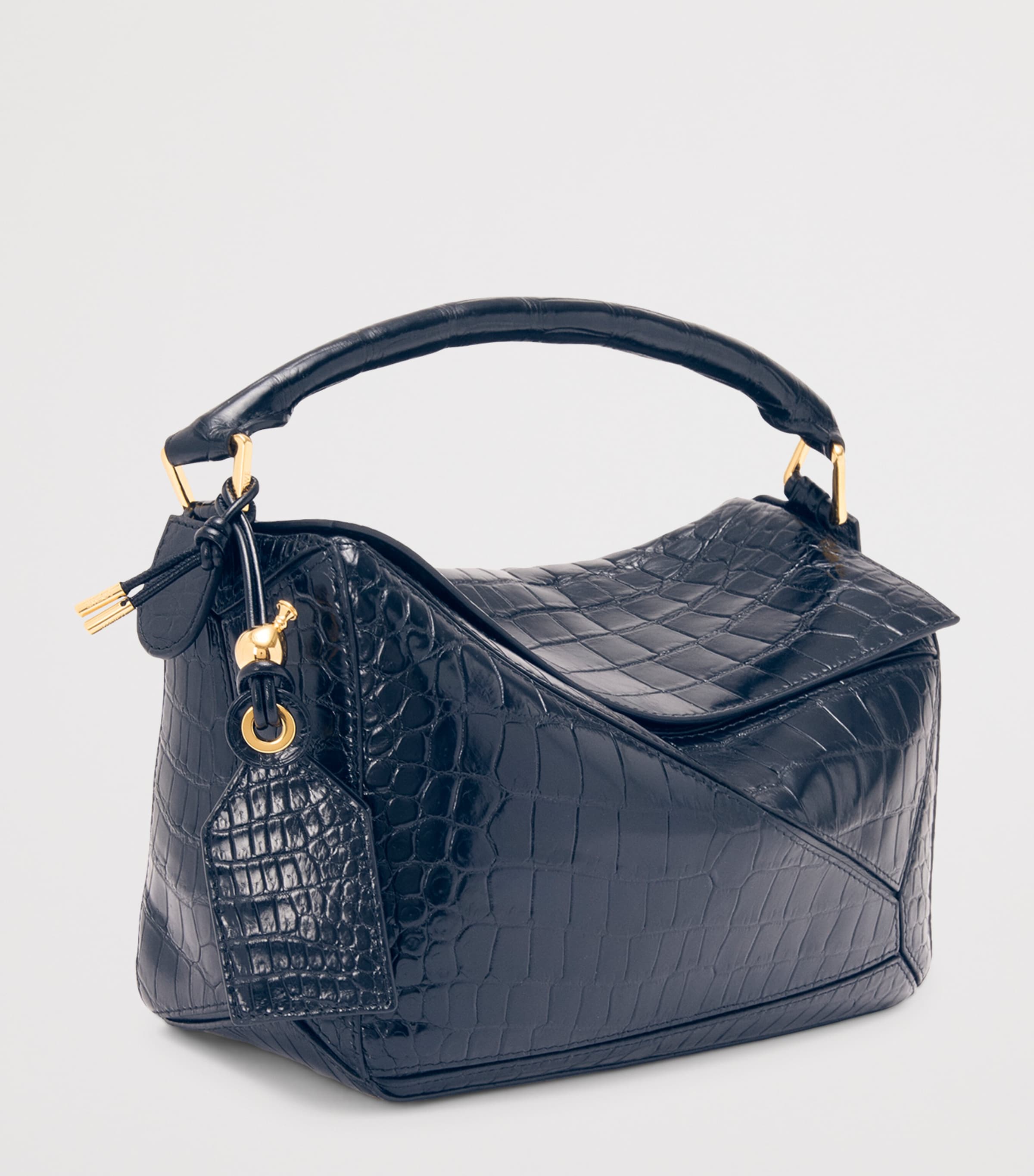 Small Crocodile Skin Puzzle Top-Handle Bag NAVY Image 3