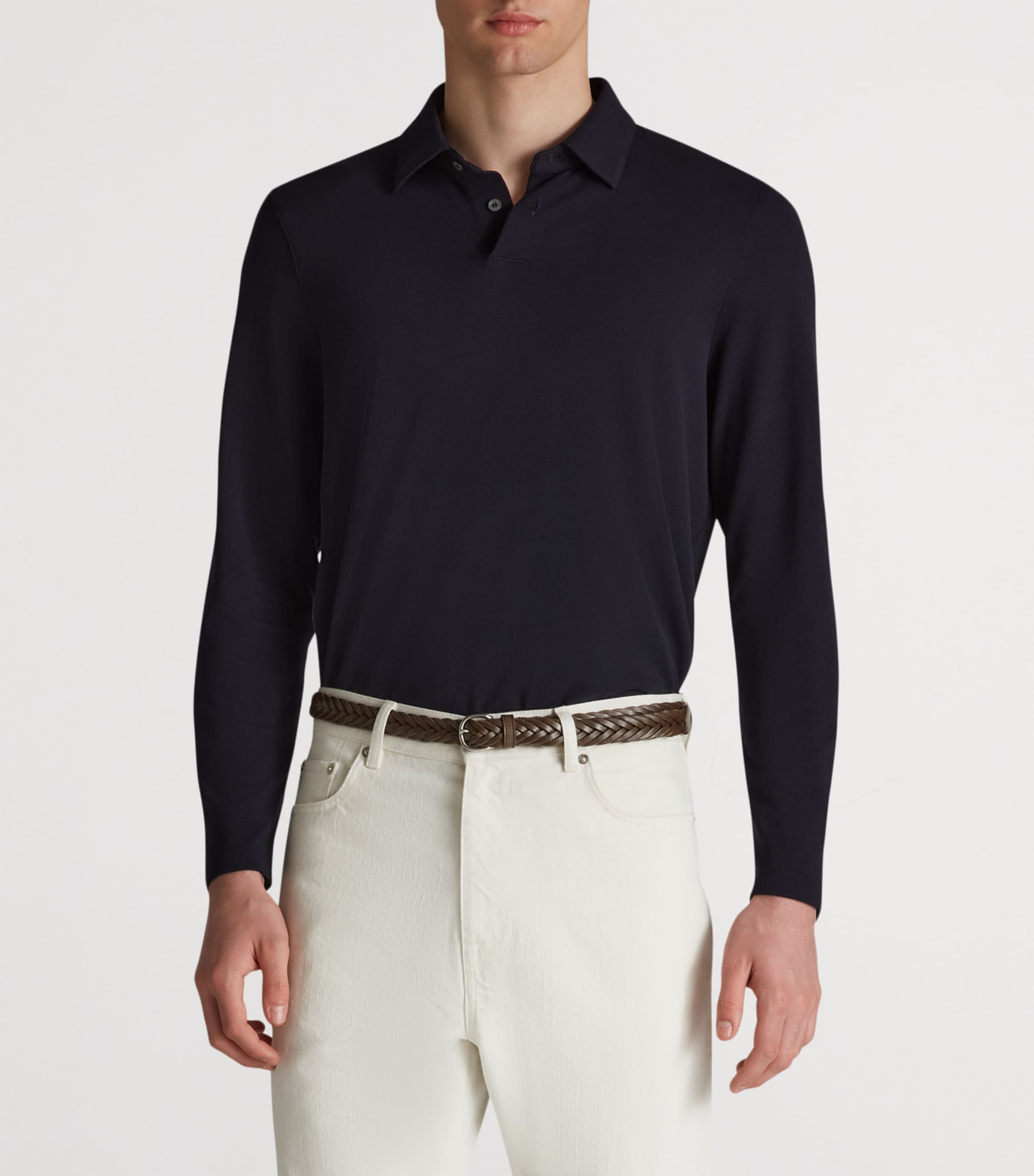 Cotton-Silk Piqué Long-Sleeve Polo Shirt 416HOUSE NAVY Image 3