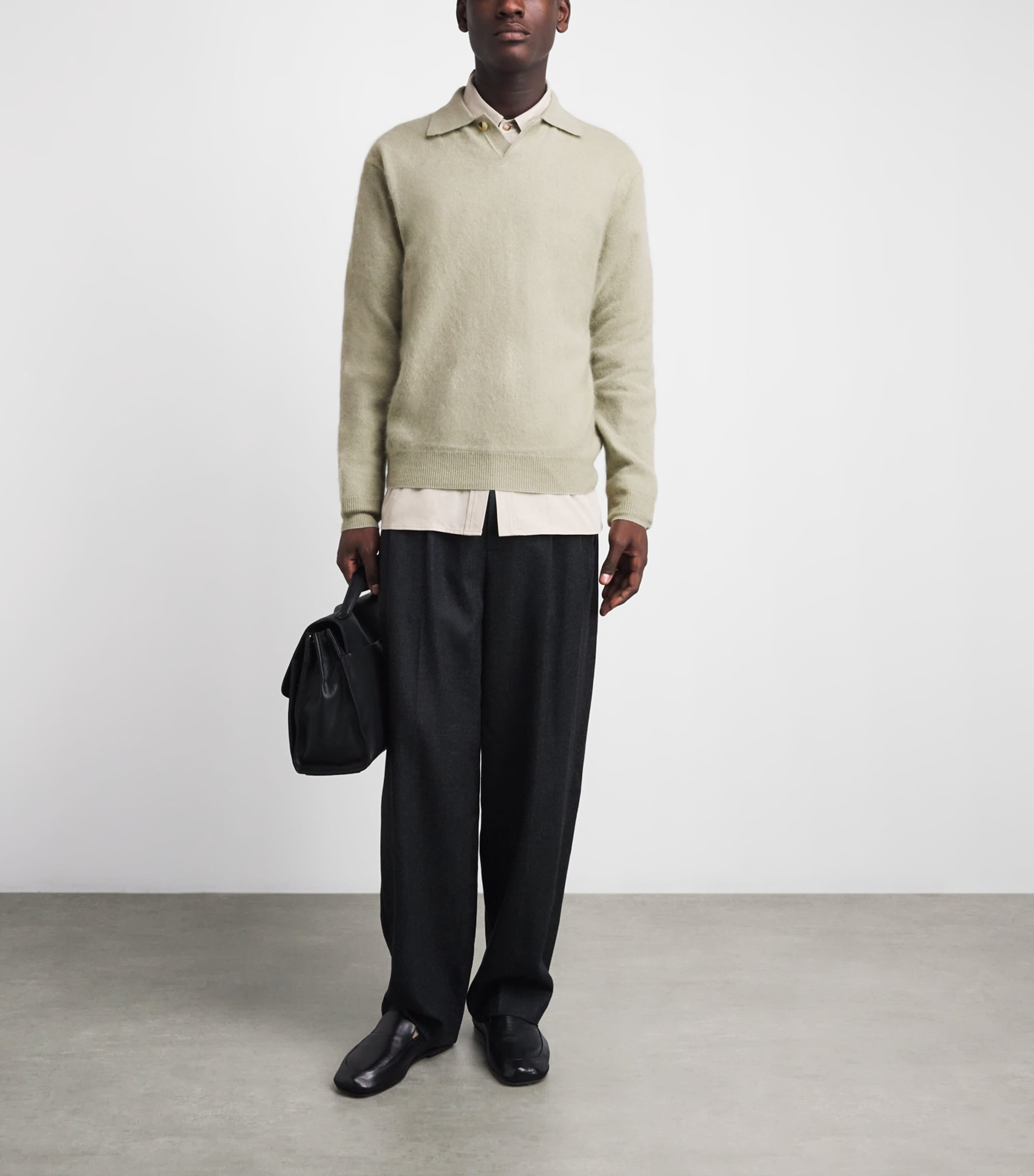 Le 17 Septembre Mens Wool-Cashmere Brushed Polo Sweater Sage Green Image 2