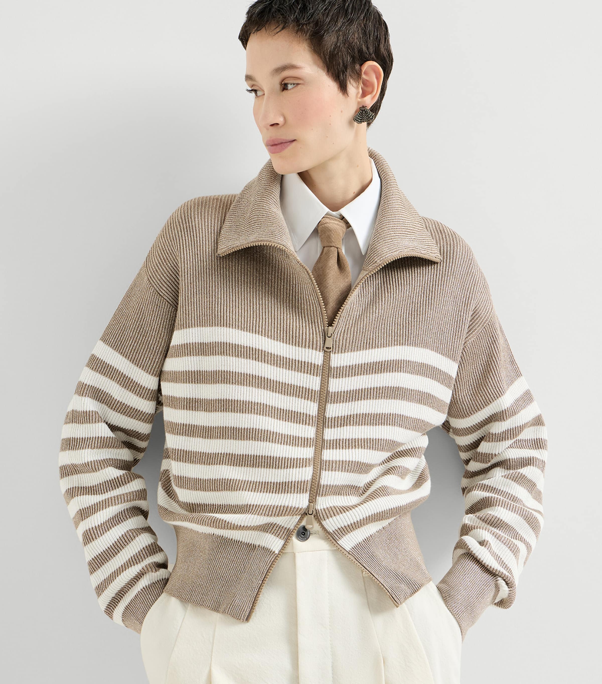 Brunello Cucinelli Womens Rib-Knit Stripe Cardigan Image 2