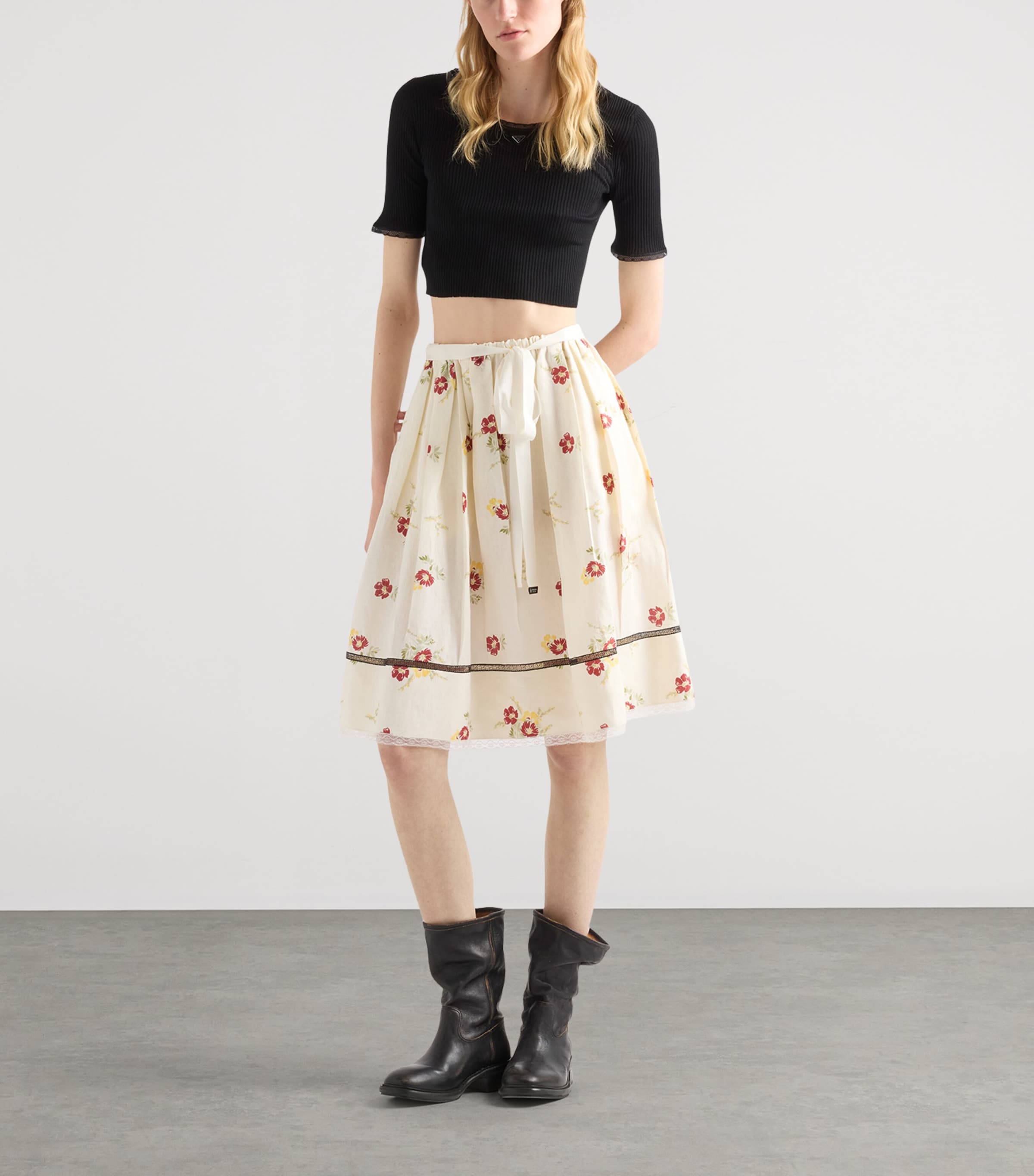 Prada Womens Cotton Short-Sleeve Crop Top Black Image 2