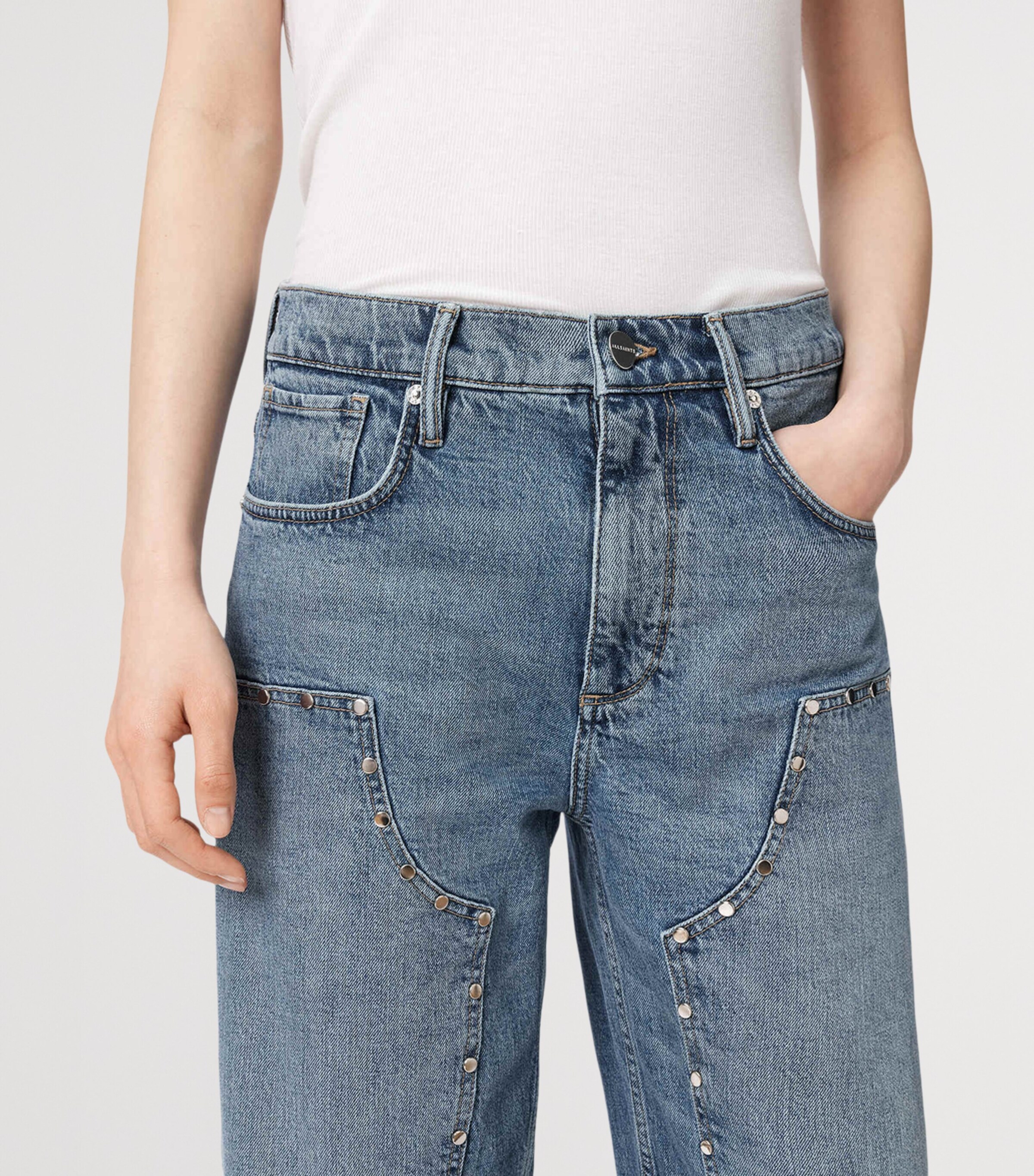 AllSaints Womens Sadie Studded Barrel-Leg Jeans Light Indigo Image 8