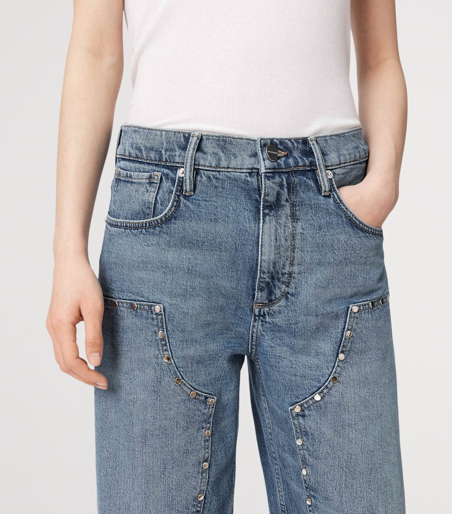 AllSaints Womens Sadie Studded Barrel-Leg Jeans Light Indigo Image 8
