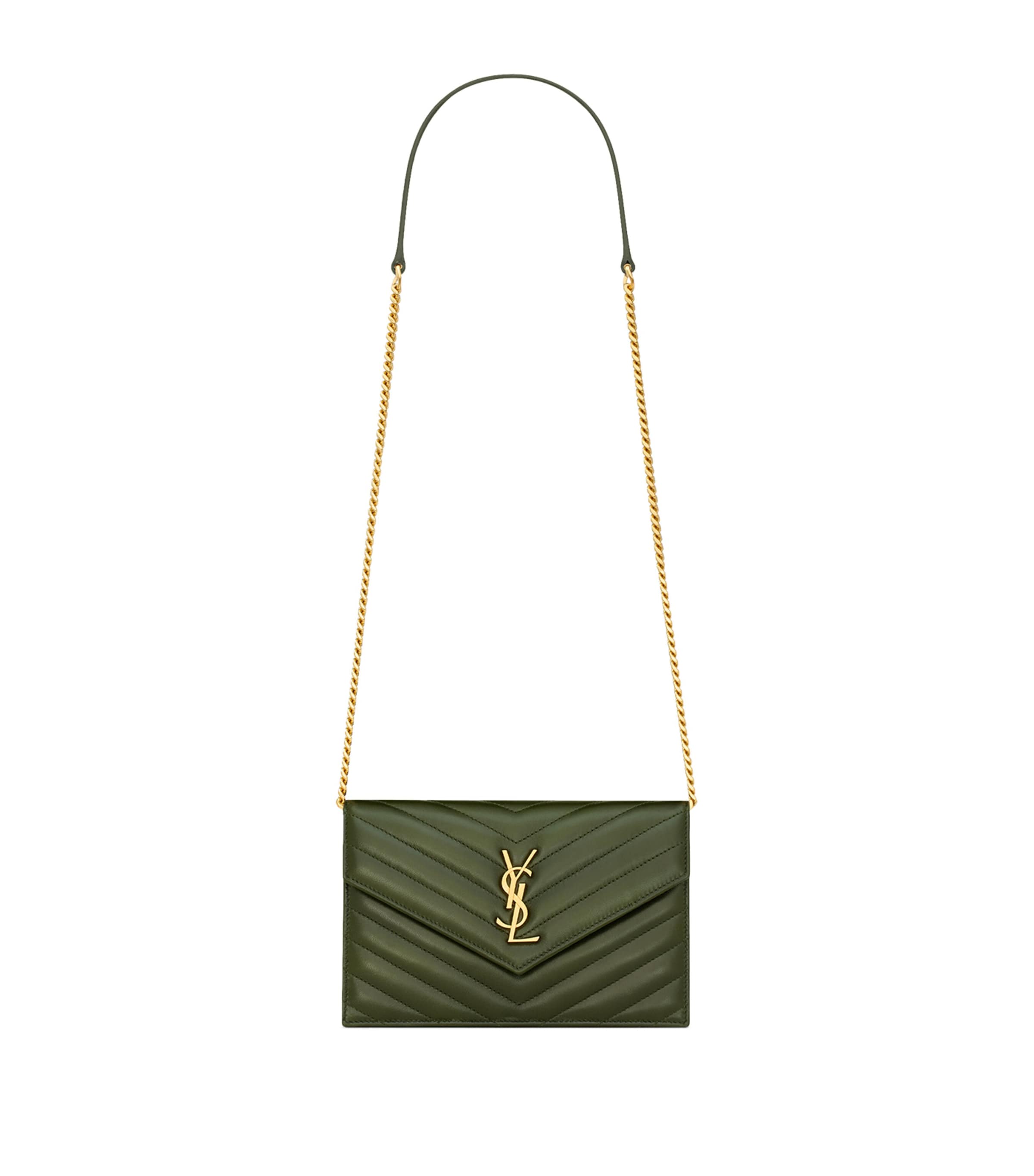Saint Laurent Leather Envelope Chain Wallet In Green