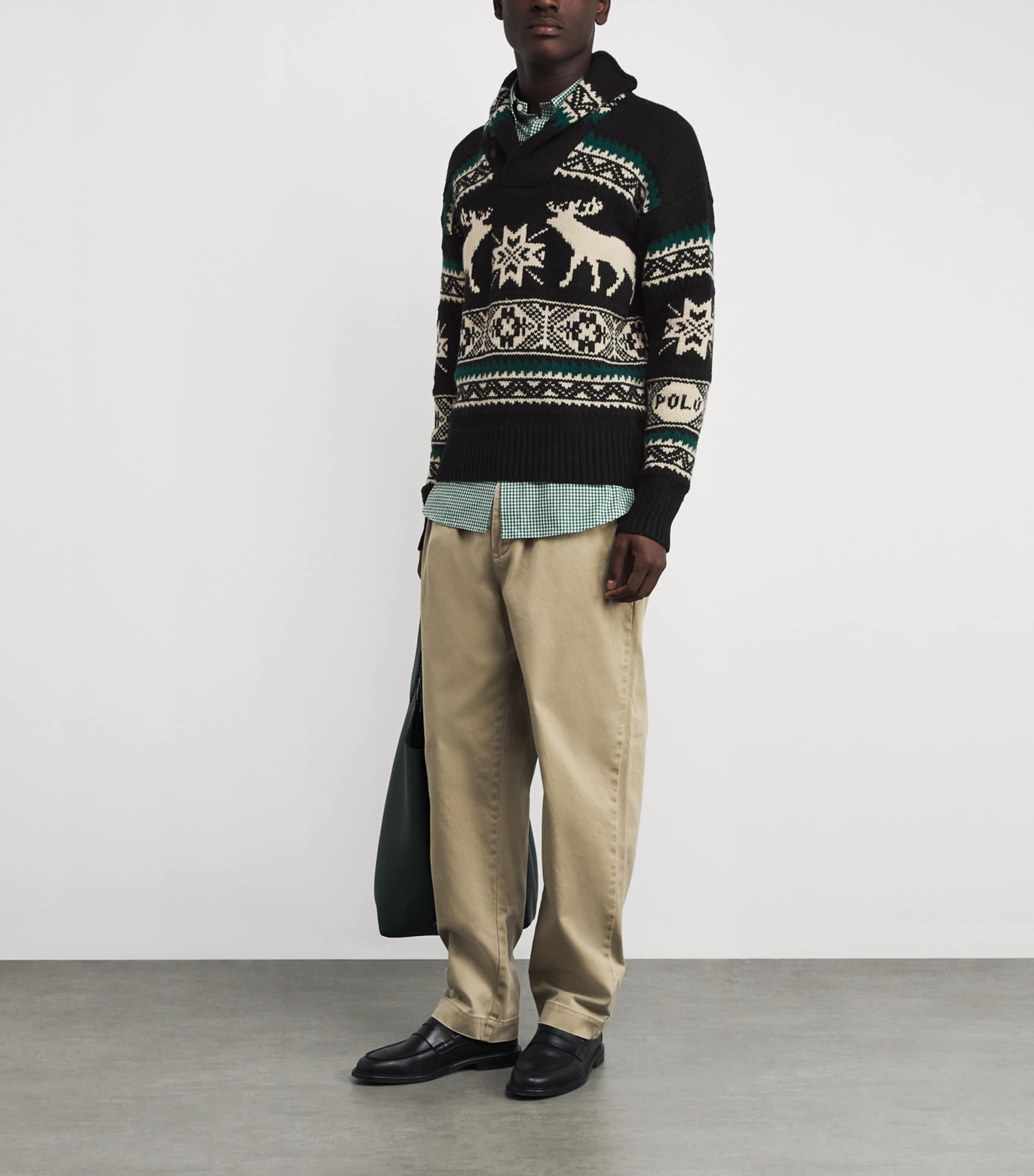 Wool-Blend Shawl-Collar Elk Sweater BLACK Image 2