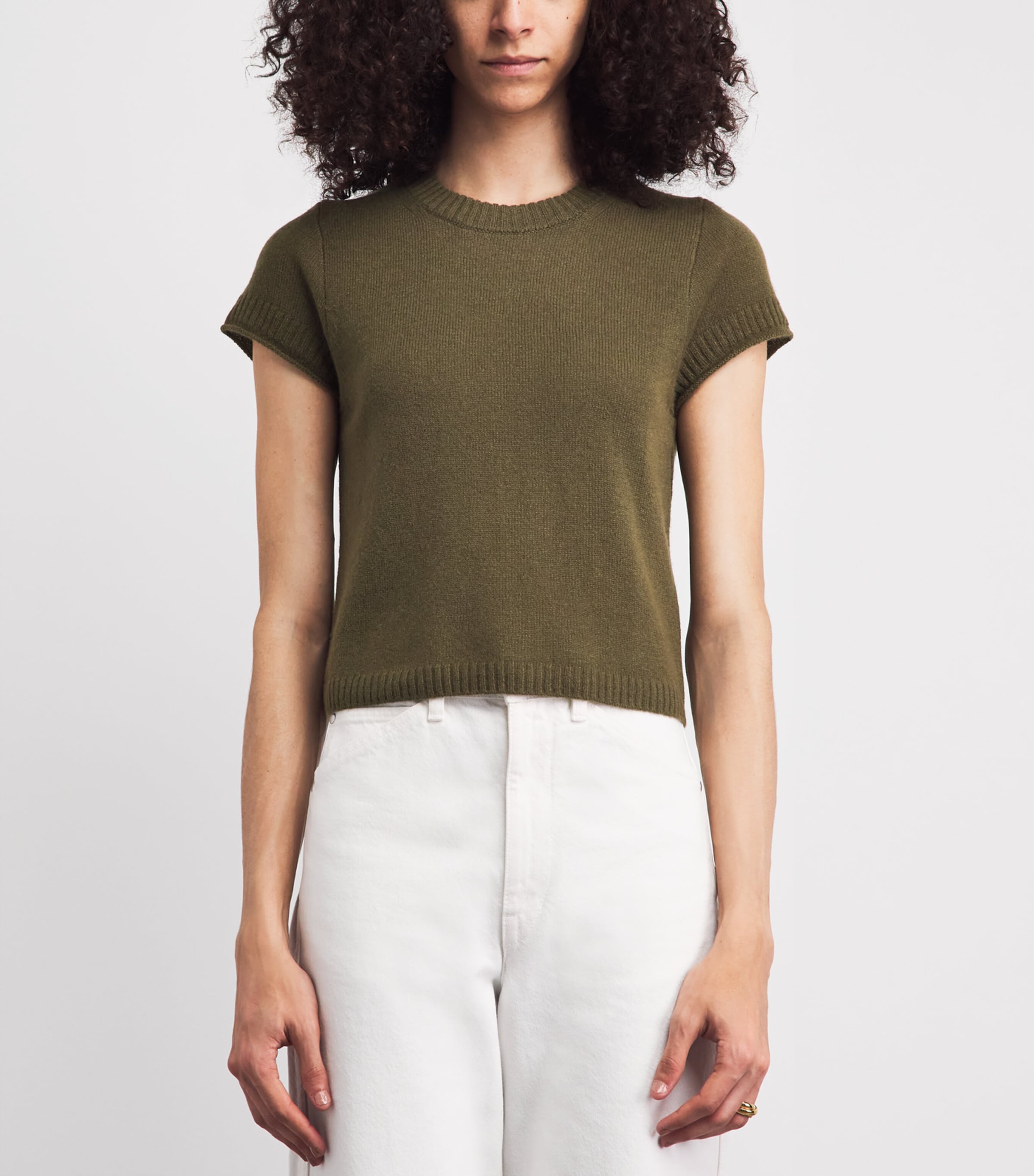 ME+EM Womens Cashmere Shrunken Baby T-Shirt Olive Green Image 4