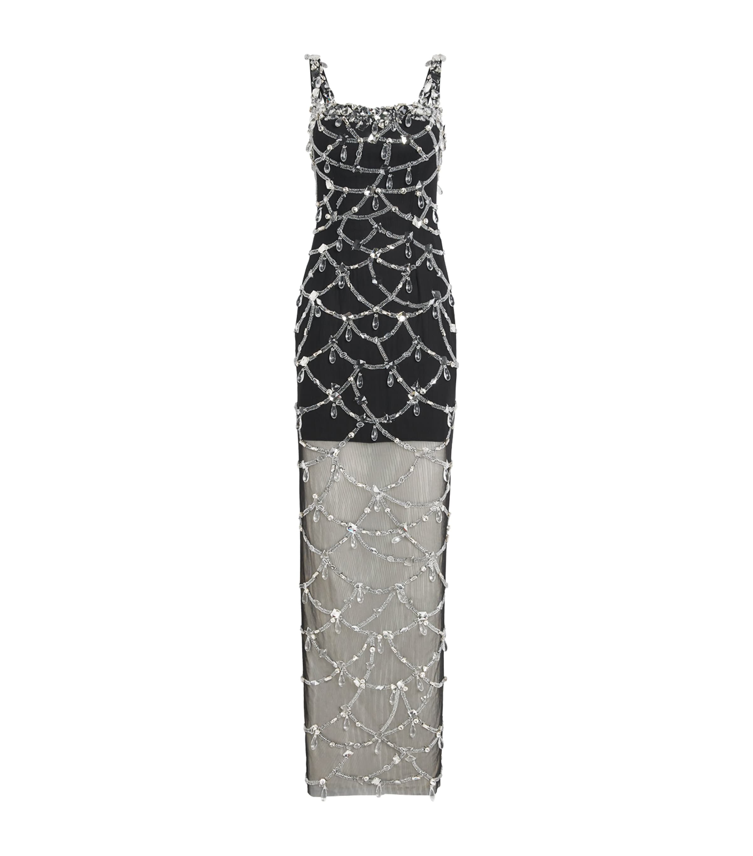 Pamella Roland Sheer-tulle Crystal Gown In Black