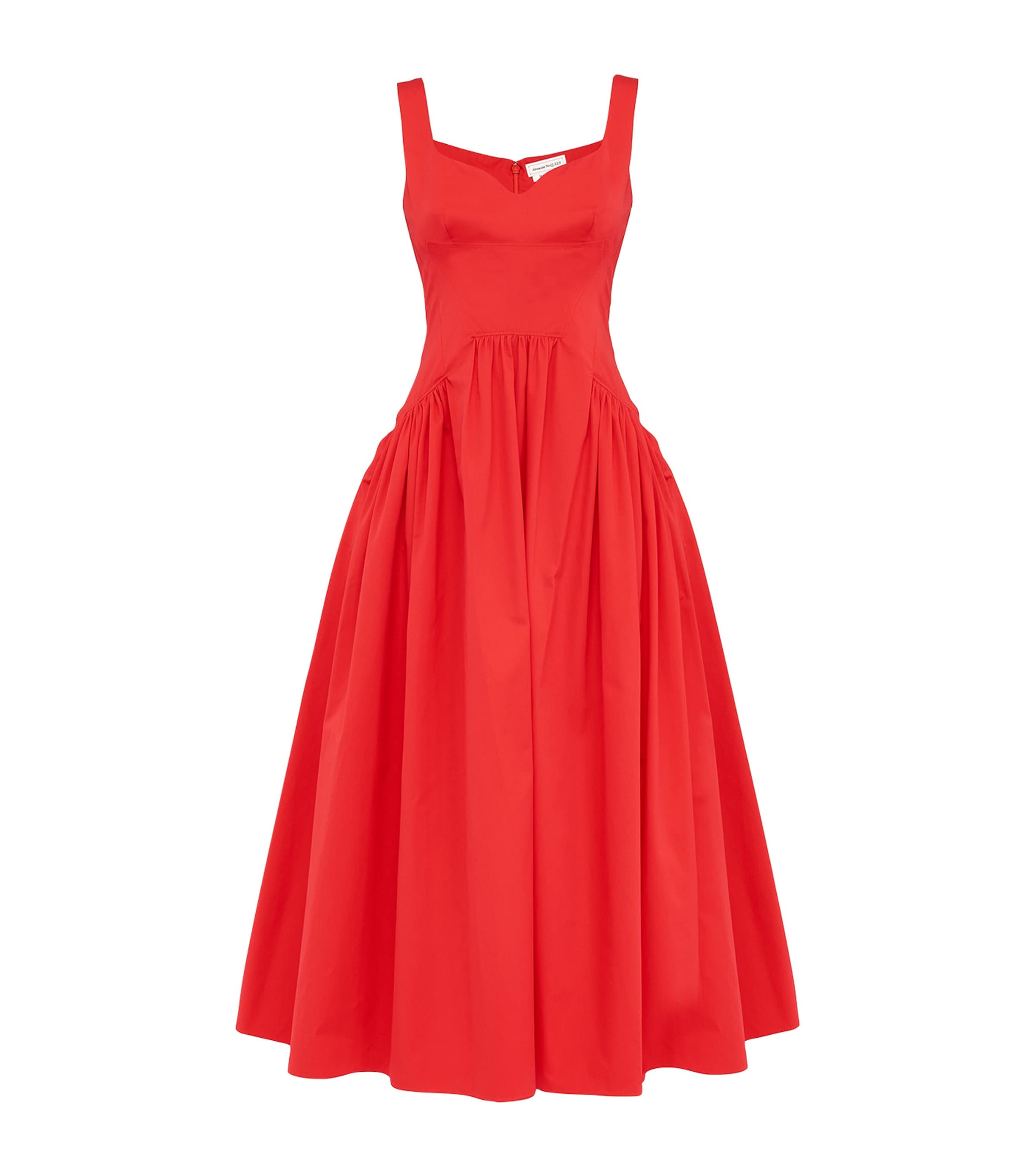 Alexander Mcqueen Sweetheart-neck Cotton Midi Dress In Red