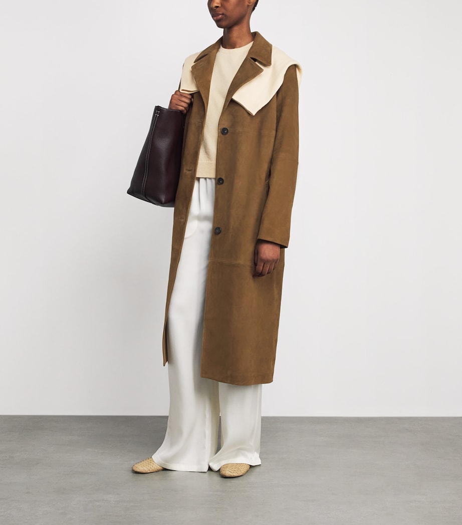Vince Womens Suede Longline Coat Wood Moss Image 2