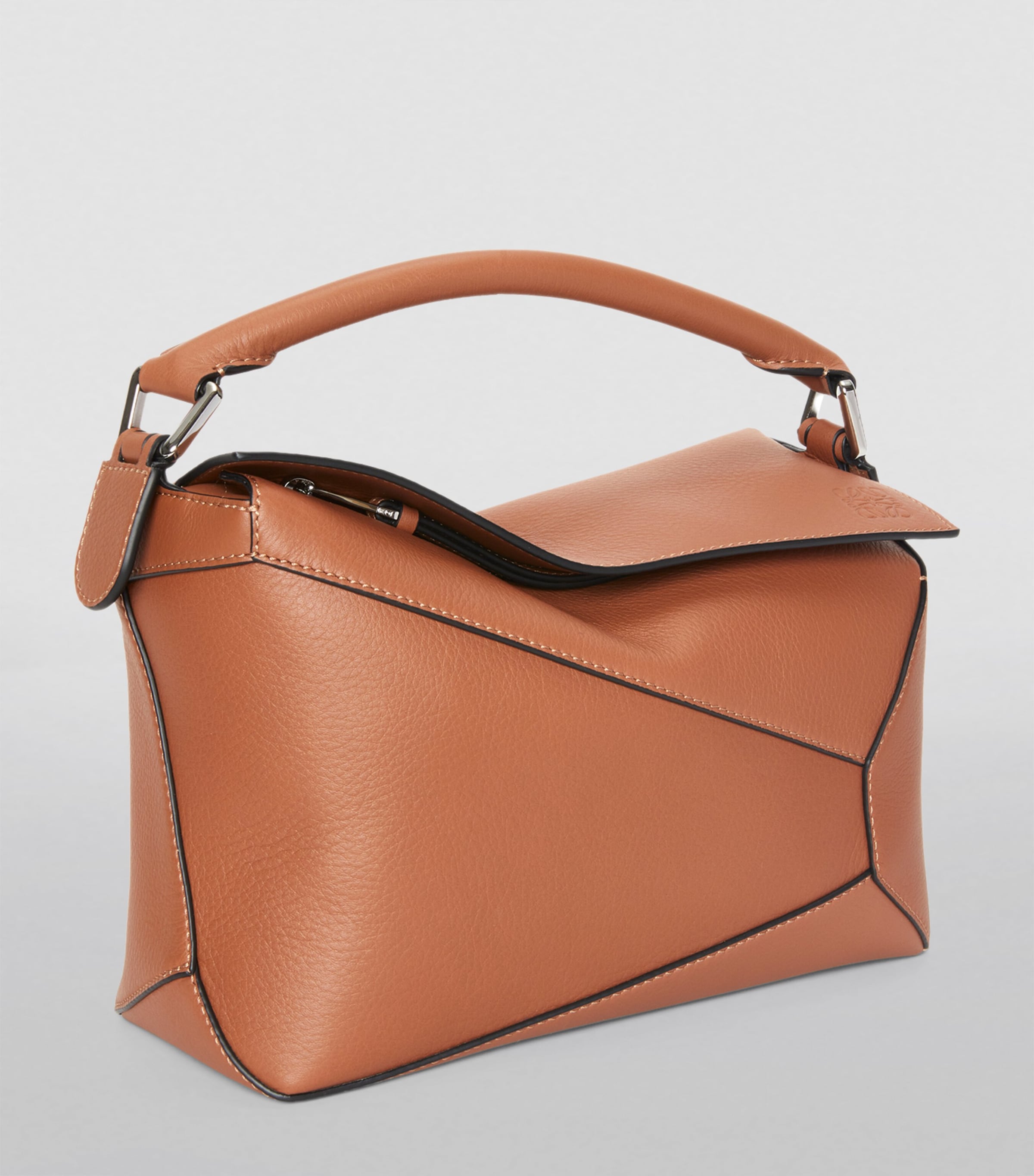Small Leather Puzzle Edge Top-Handle Bag TAN Image 4