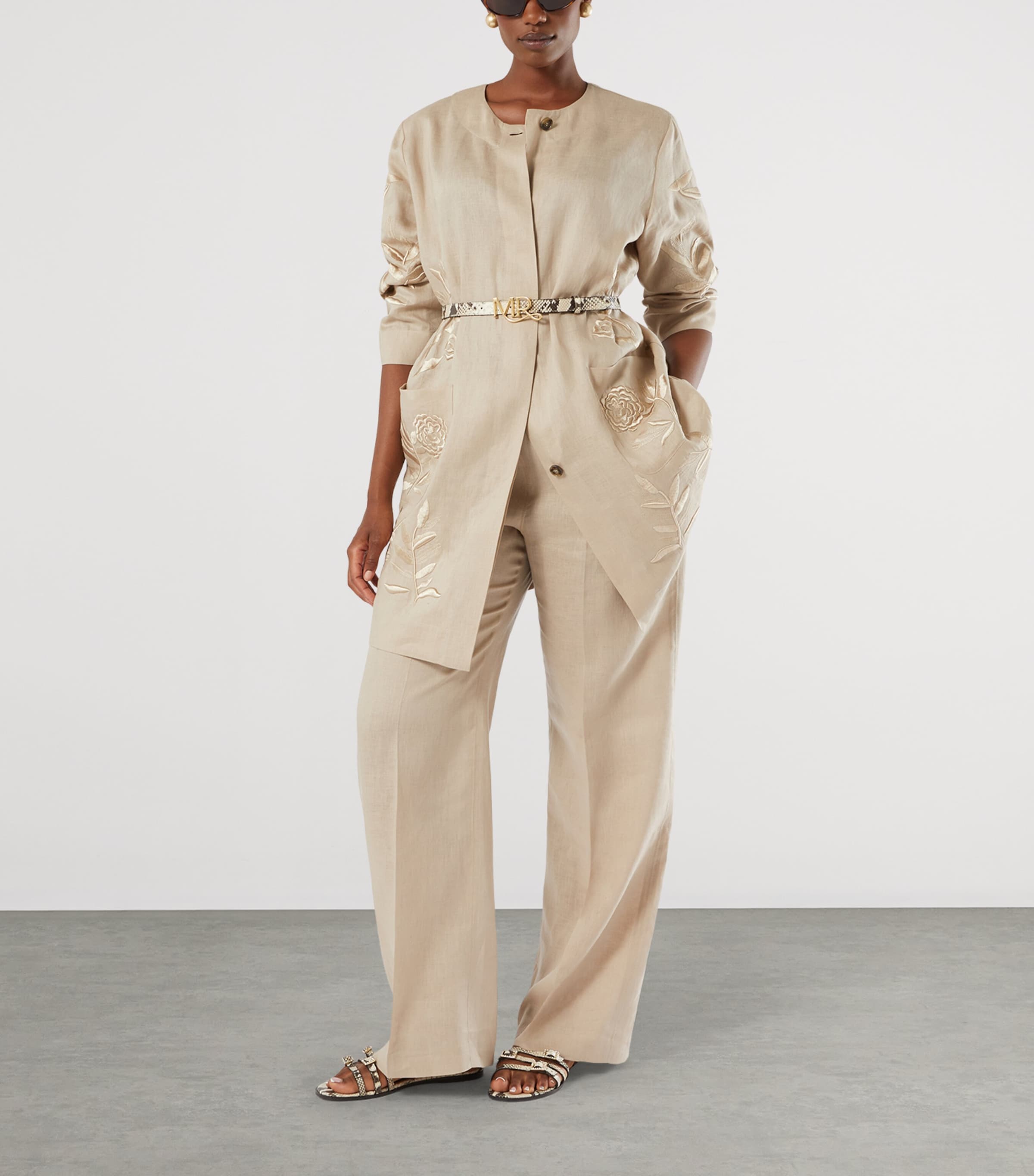Marina Rinaldi Womens Linen Embroidered Belted Jacket Beige Image 2
