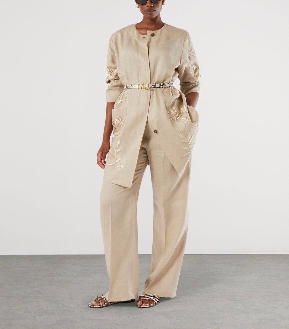 Marina Rinaldi Womens Linen Embroidered Belted Jacket Beige Image 2