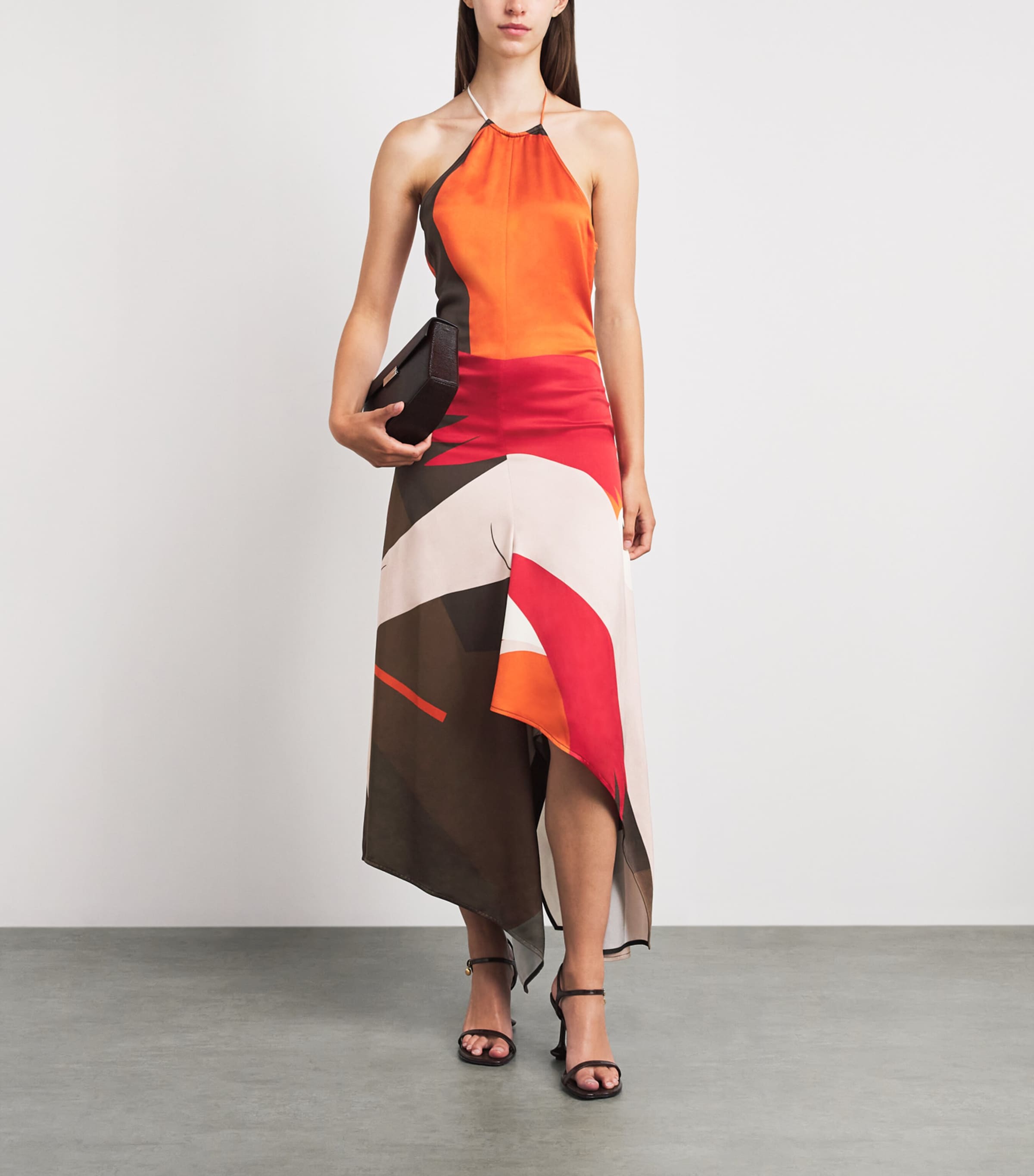 Victoria Beckham Womens Halterneck Printed Midi Dress Abstract Dark Earth Image 2