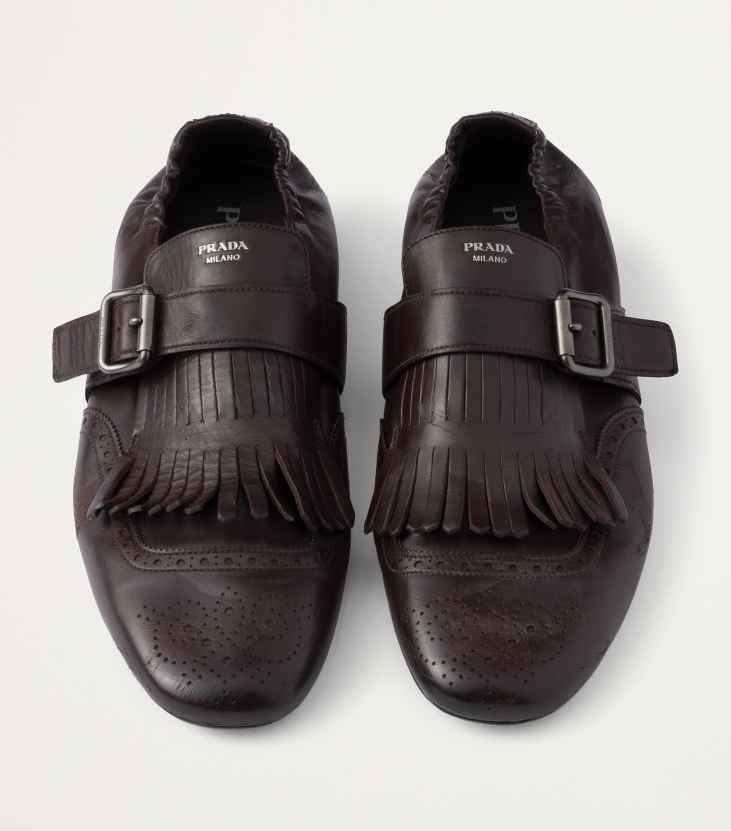 Prada Brown Calf Leather Fringed Monk-Strap Shoes | Harrods UK