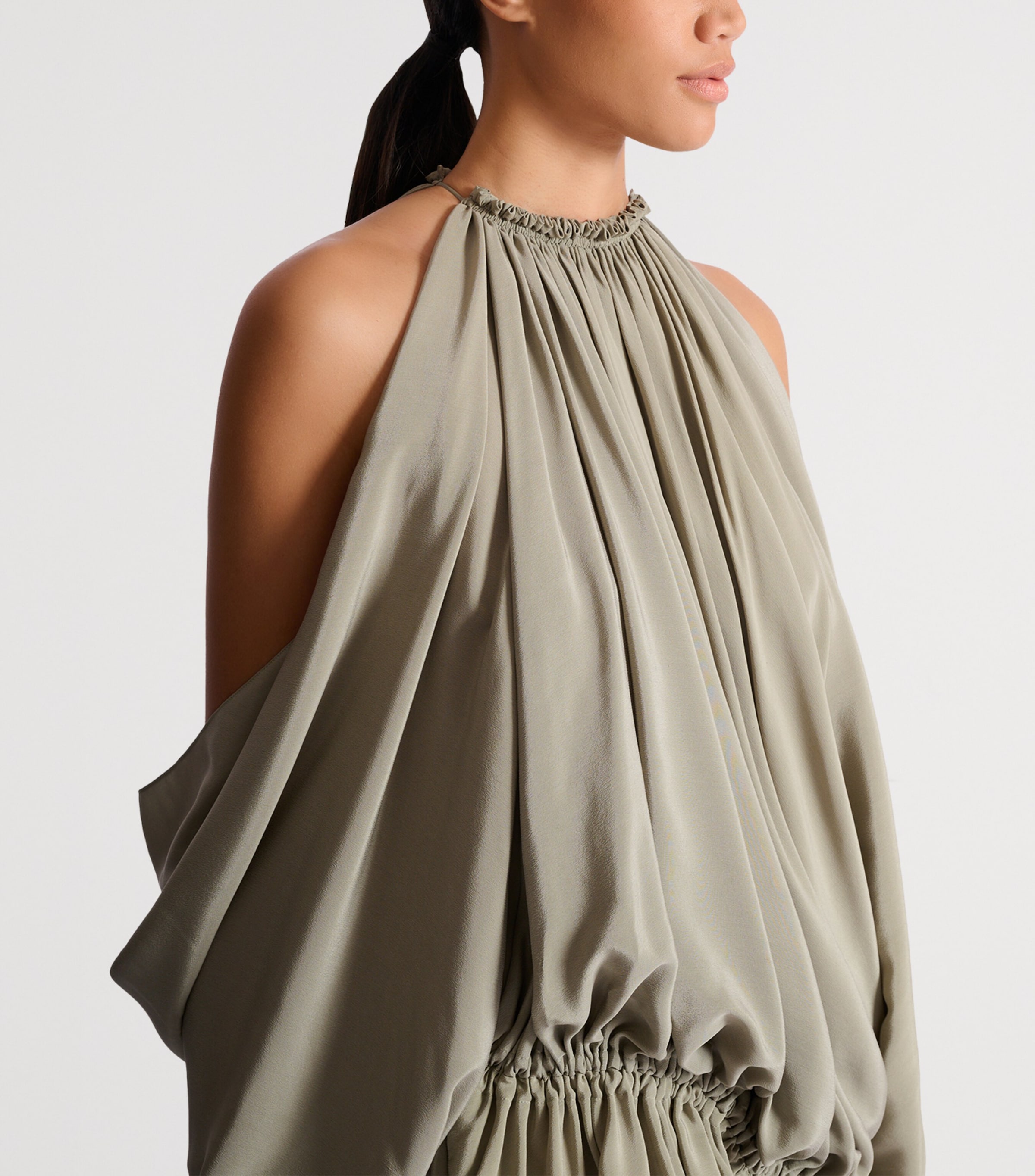 Balmain Womens Silk Crepe Draped Mini Dress Vert Laurier Image 5