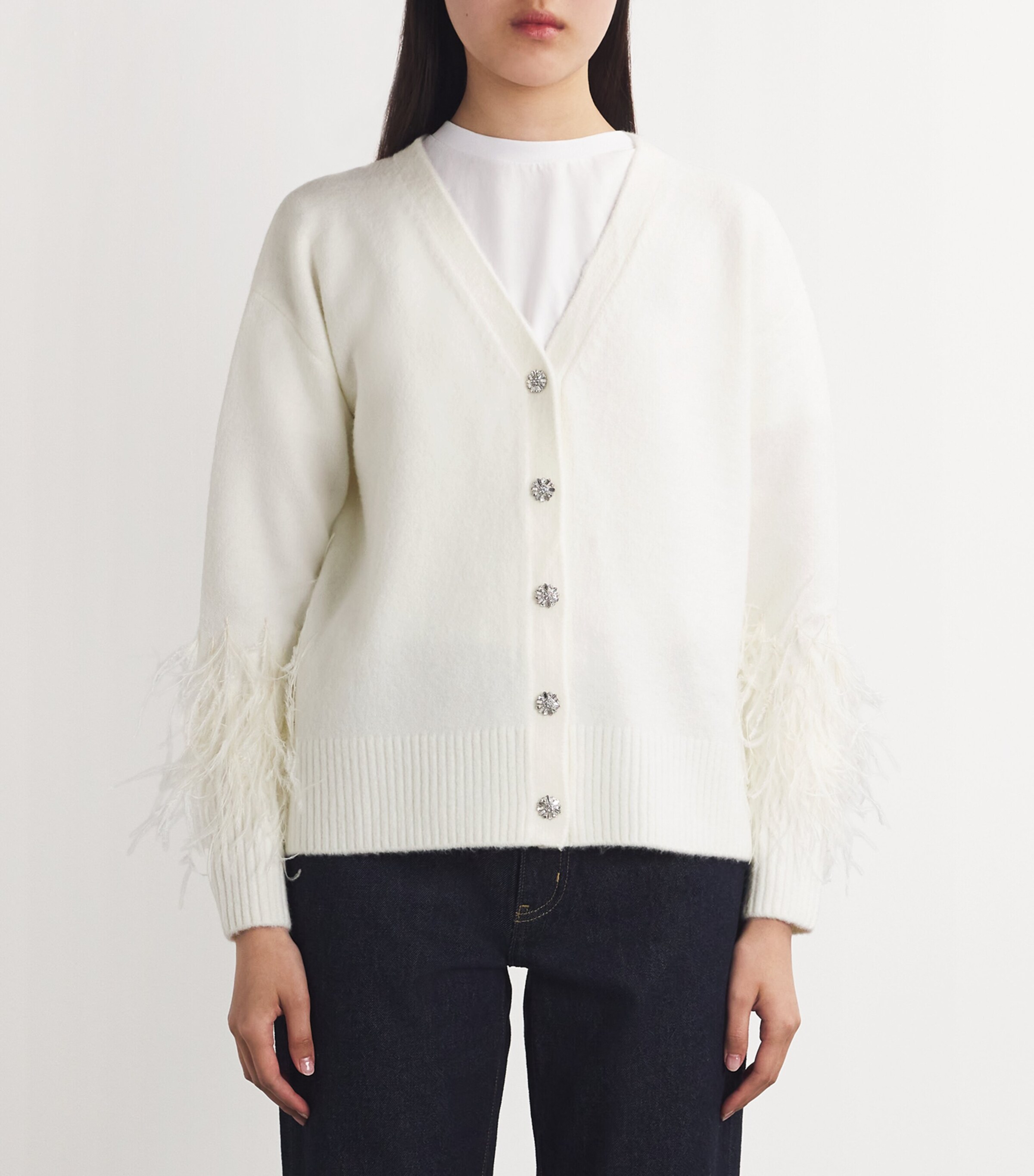 Cinq A Sept Womens Feather-Trim Briana Cardigan Ivory Image 3