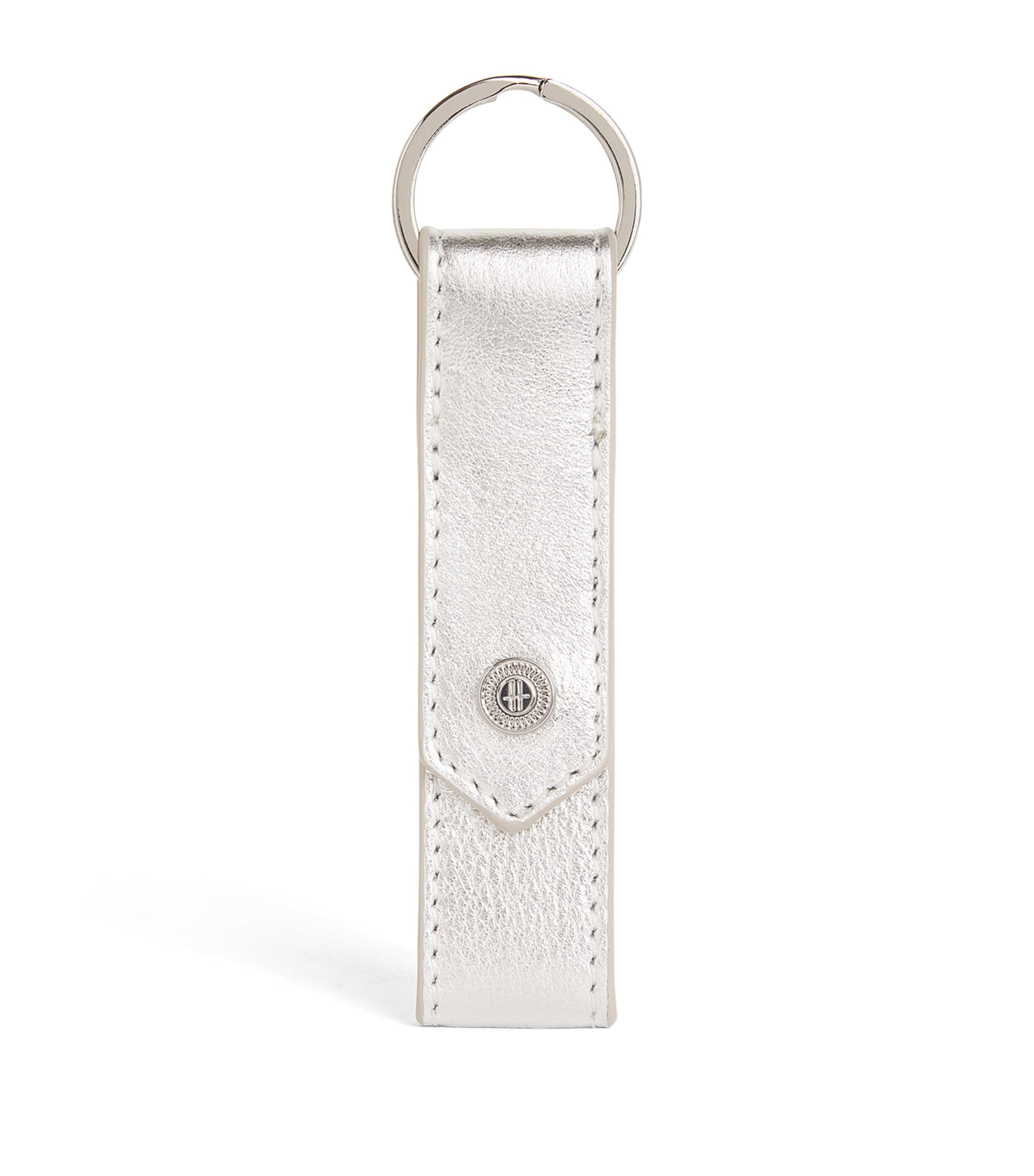 Harrods Leather Metallic Flat Keyring In Silver