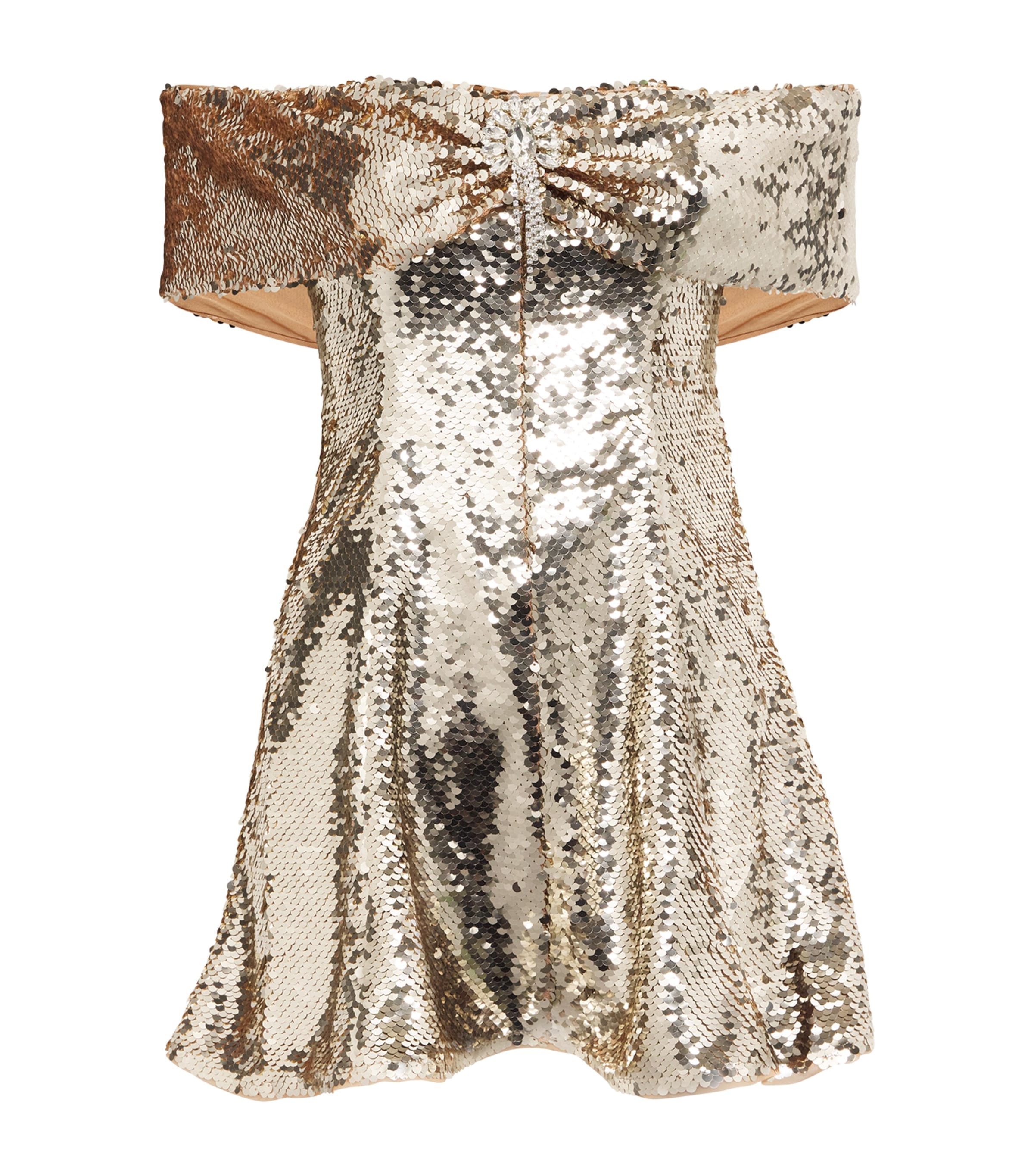 Shop Self-portrait Sequinned Off-the-shoulder Mini Dress In Gold