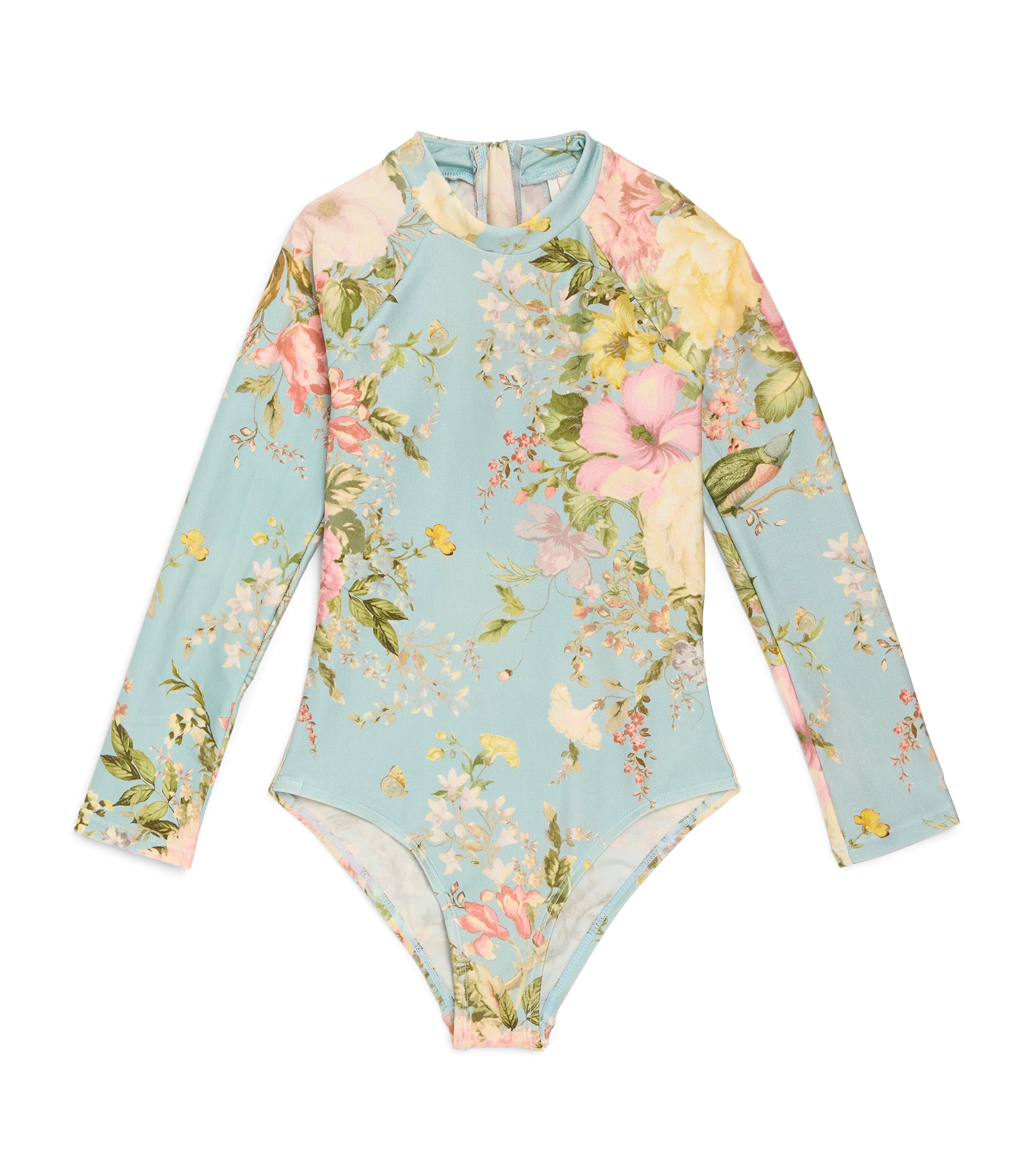 Shop Zimmermann Floral Long-sleeve Swimsuit In Blue