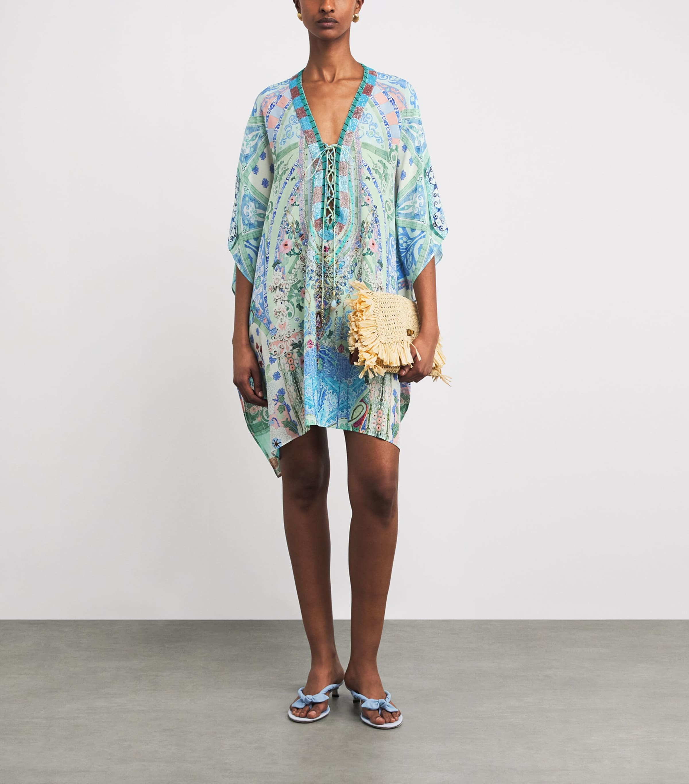 Camilla Womens Silk Embellished Mini Kaftan Dress Midsmosa Image 2