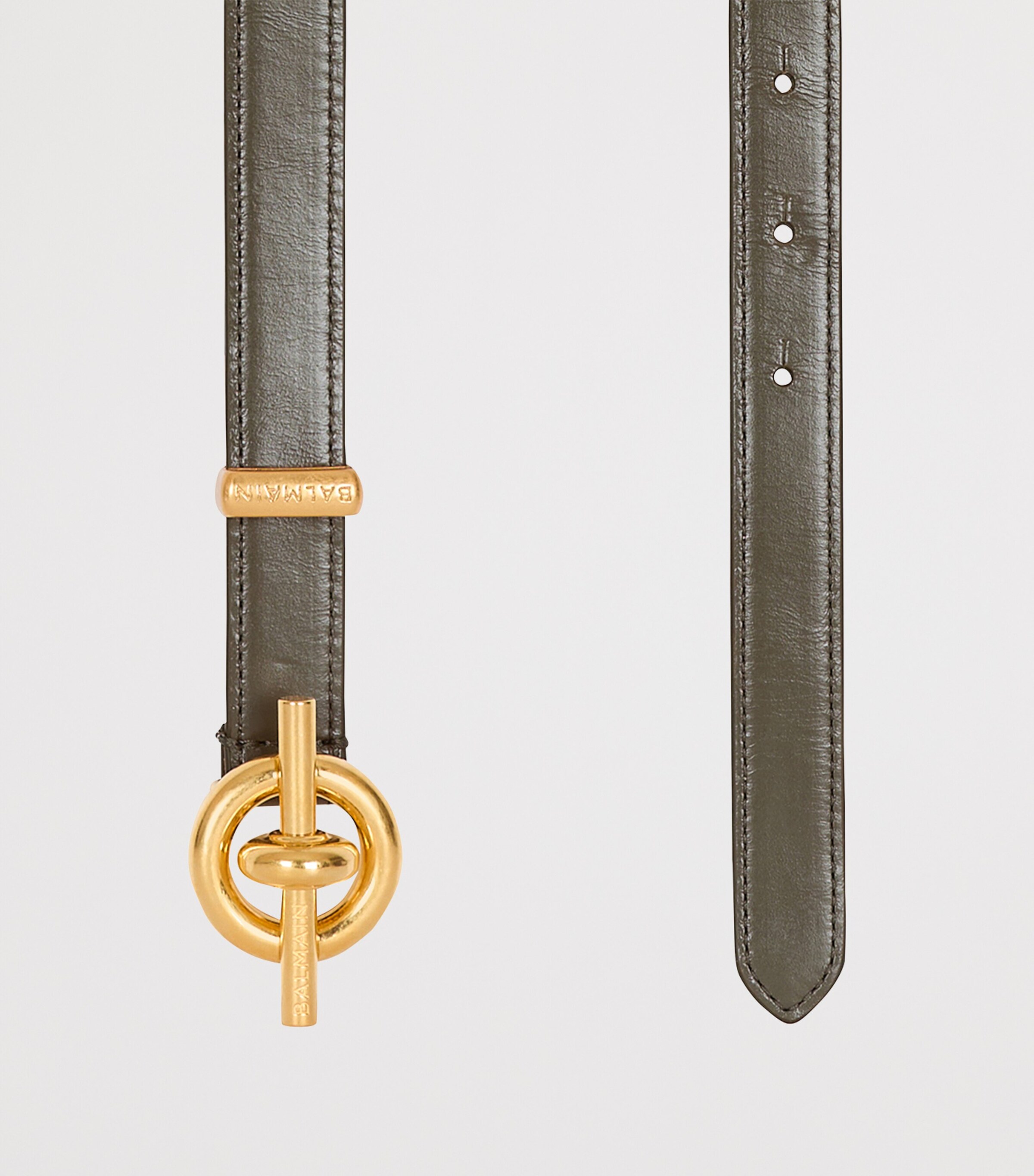 Balmain Leather Engraved T-Bar Belt Dark Olive Image 3
