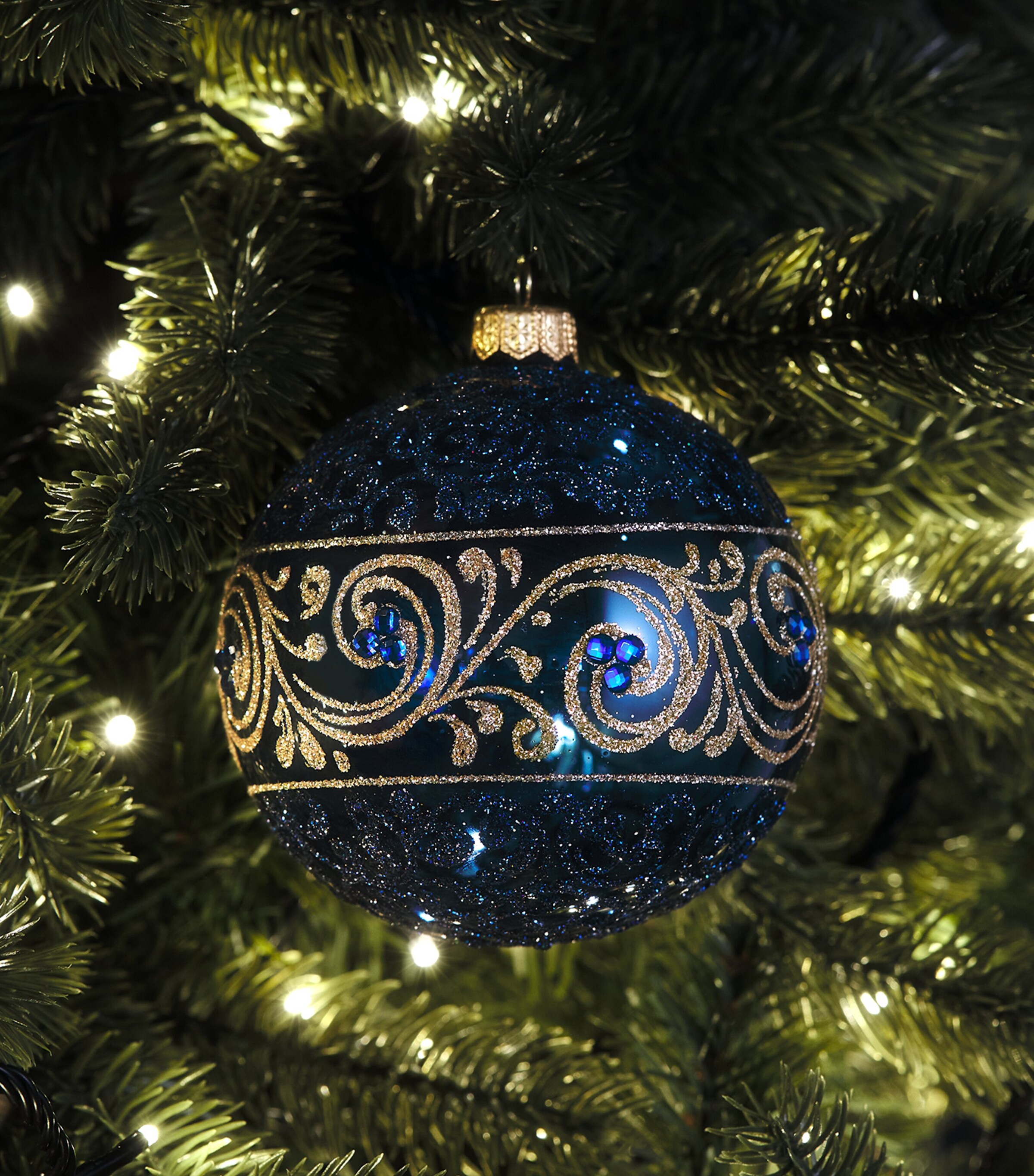 Harrods Glass Glitter Swirl Bauble Navy Blue Lacquer Image 3