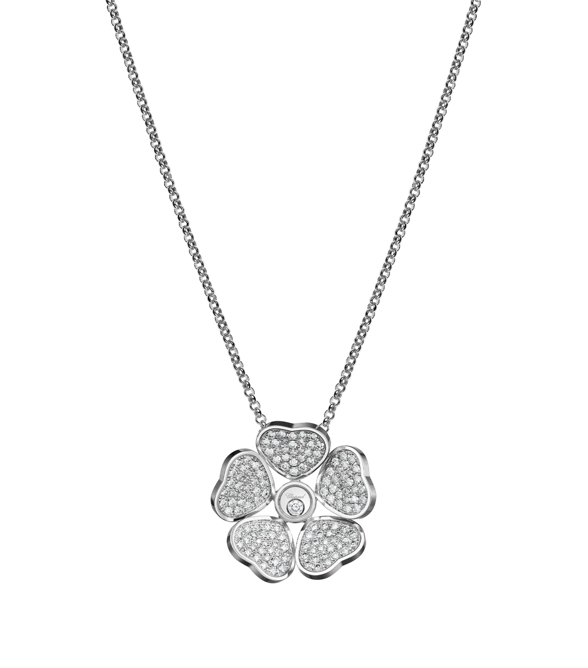 Chopard White Gold And Diamond Happy Hearts Flowers Necklace In Gold