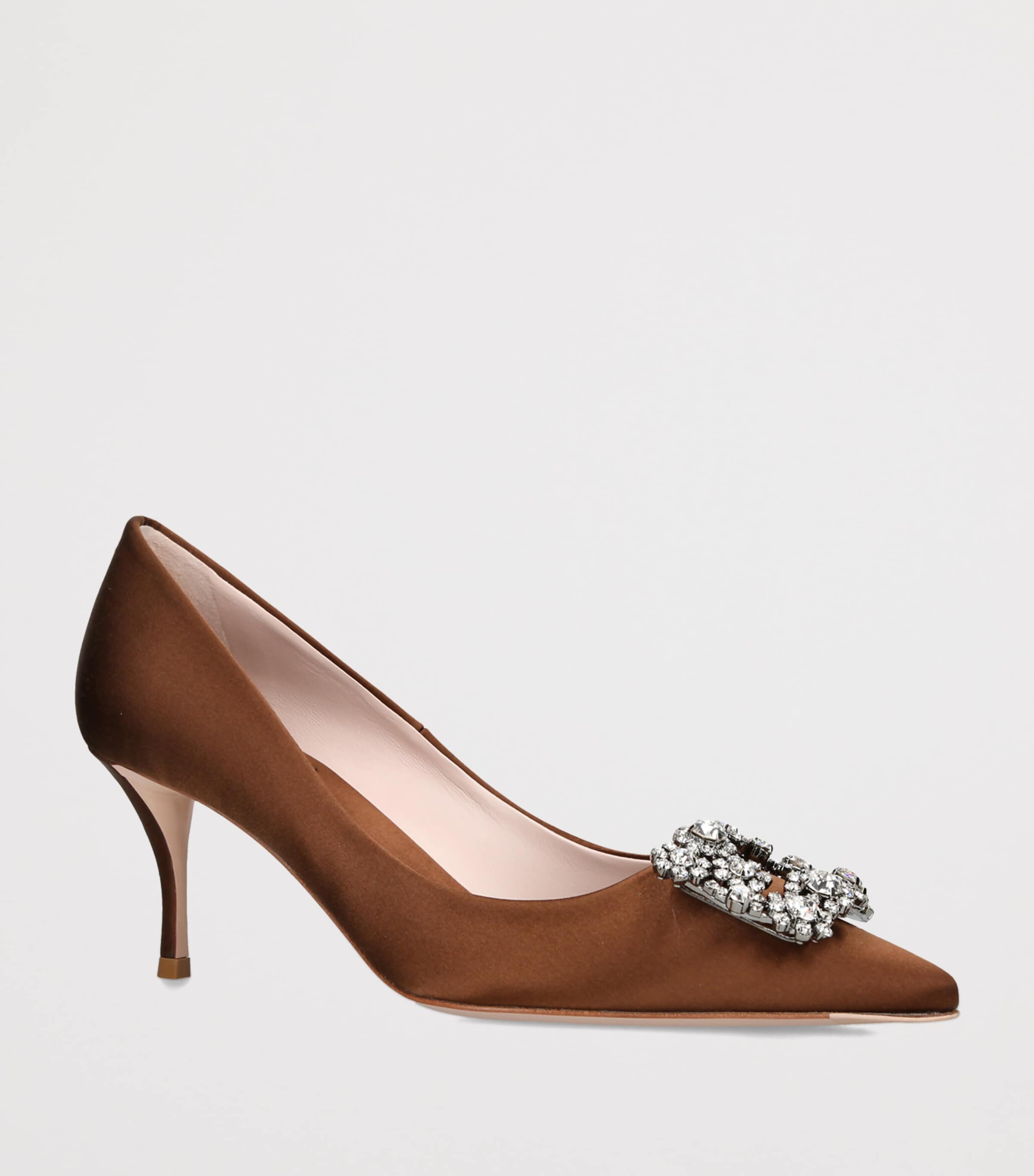 Roger Vivier Satin Decolleté Flower Strass Pumps 65 Mid Brown Image 2