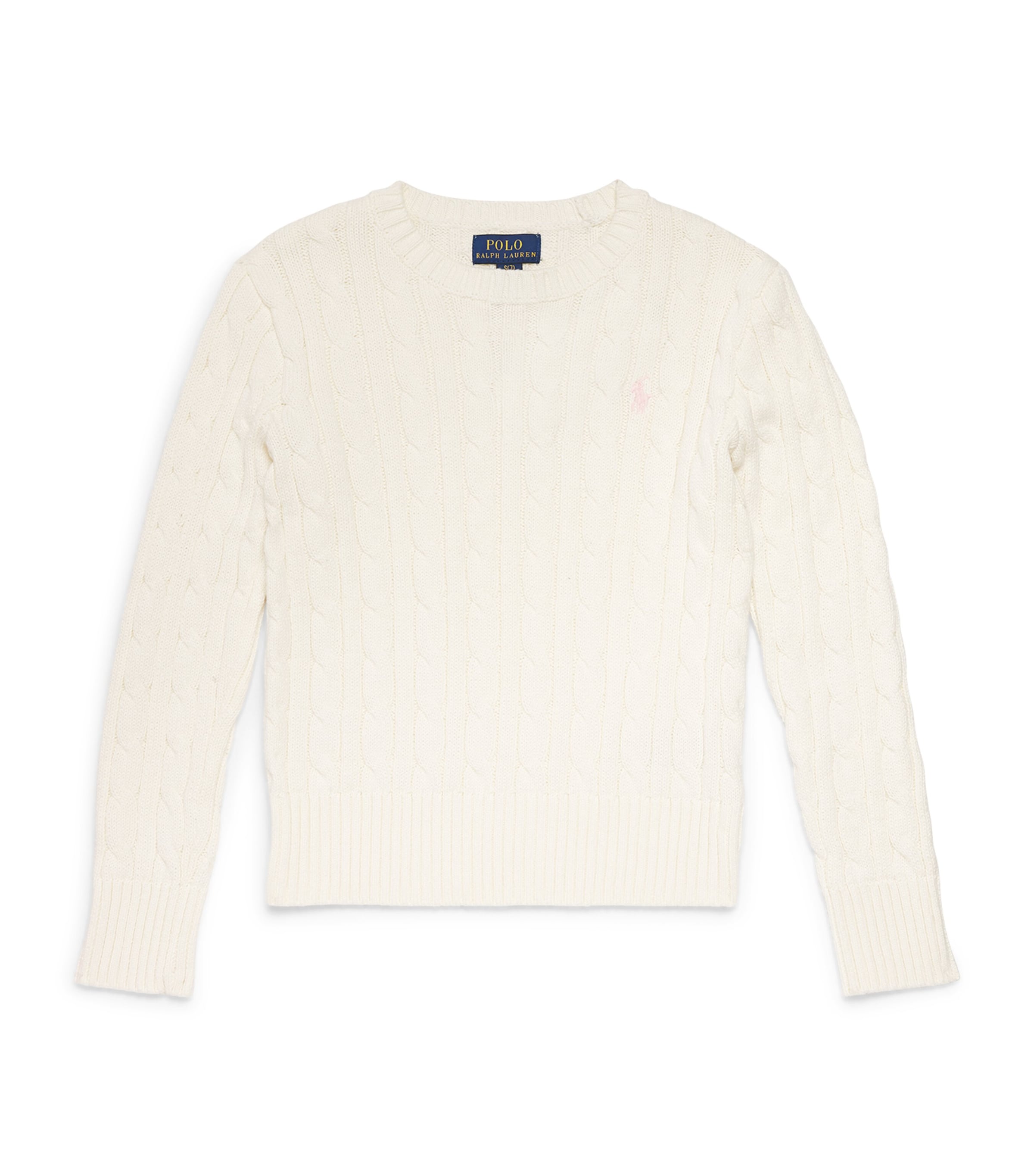 Cotton Cable-Knit Polo Pony Sweater (7-14 Years) WARM WHITE W/ PINK Image 1