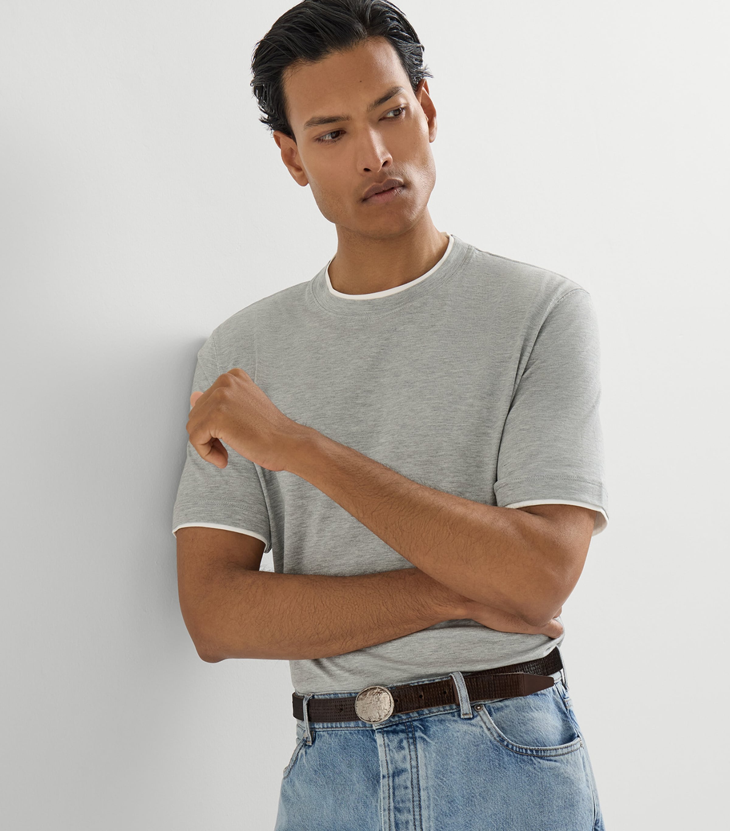 Brunello Cucinelli Mens Silk-Cotton Faux-Layered T-Shirt Grey Image 4