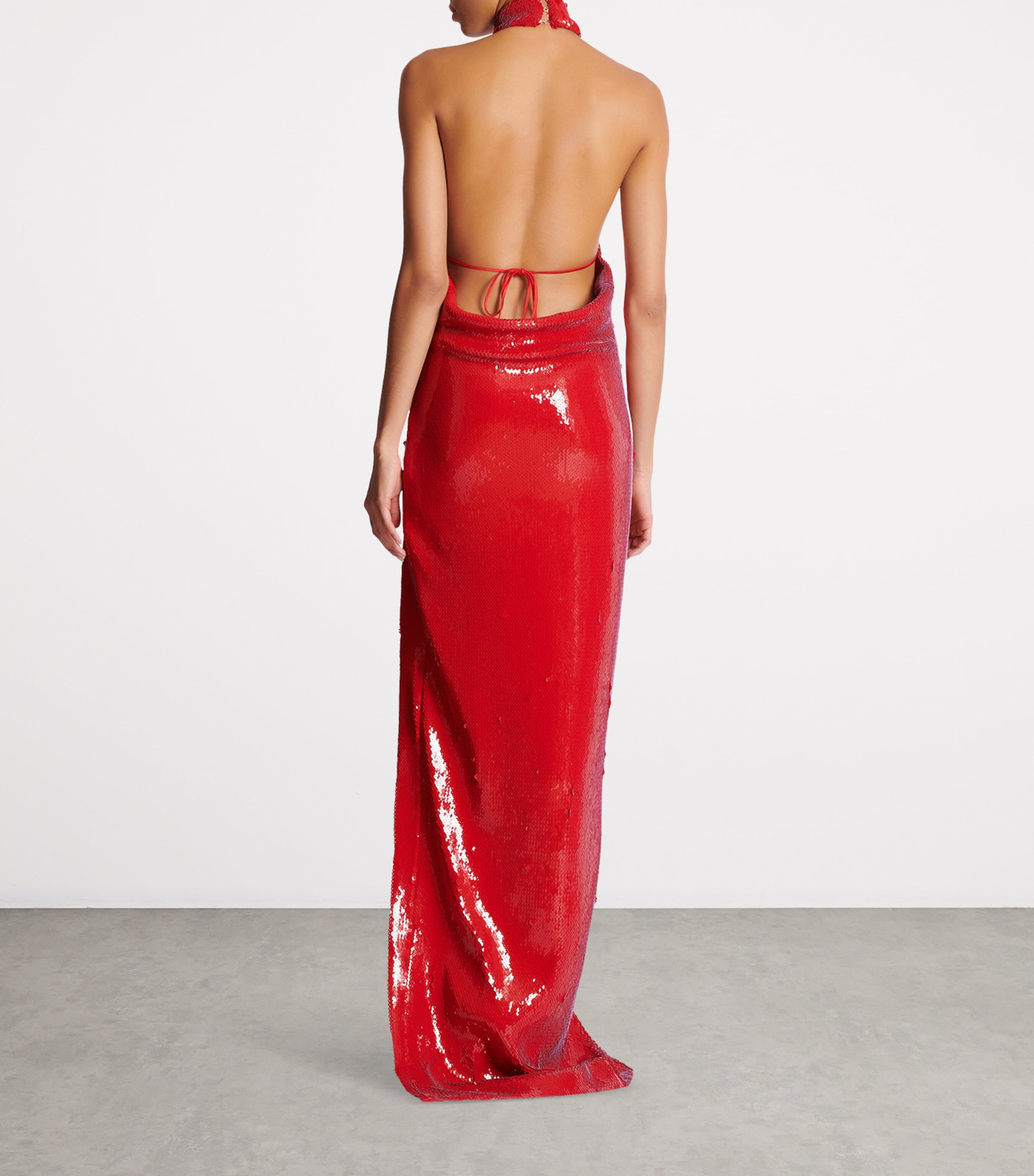 Balmain Womens Sequinned Halterneck Maxi Dress Red Image 3