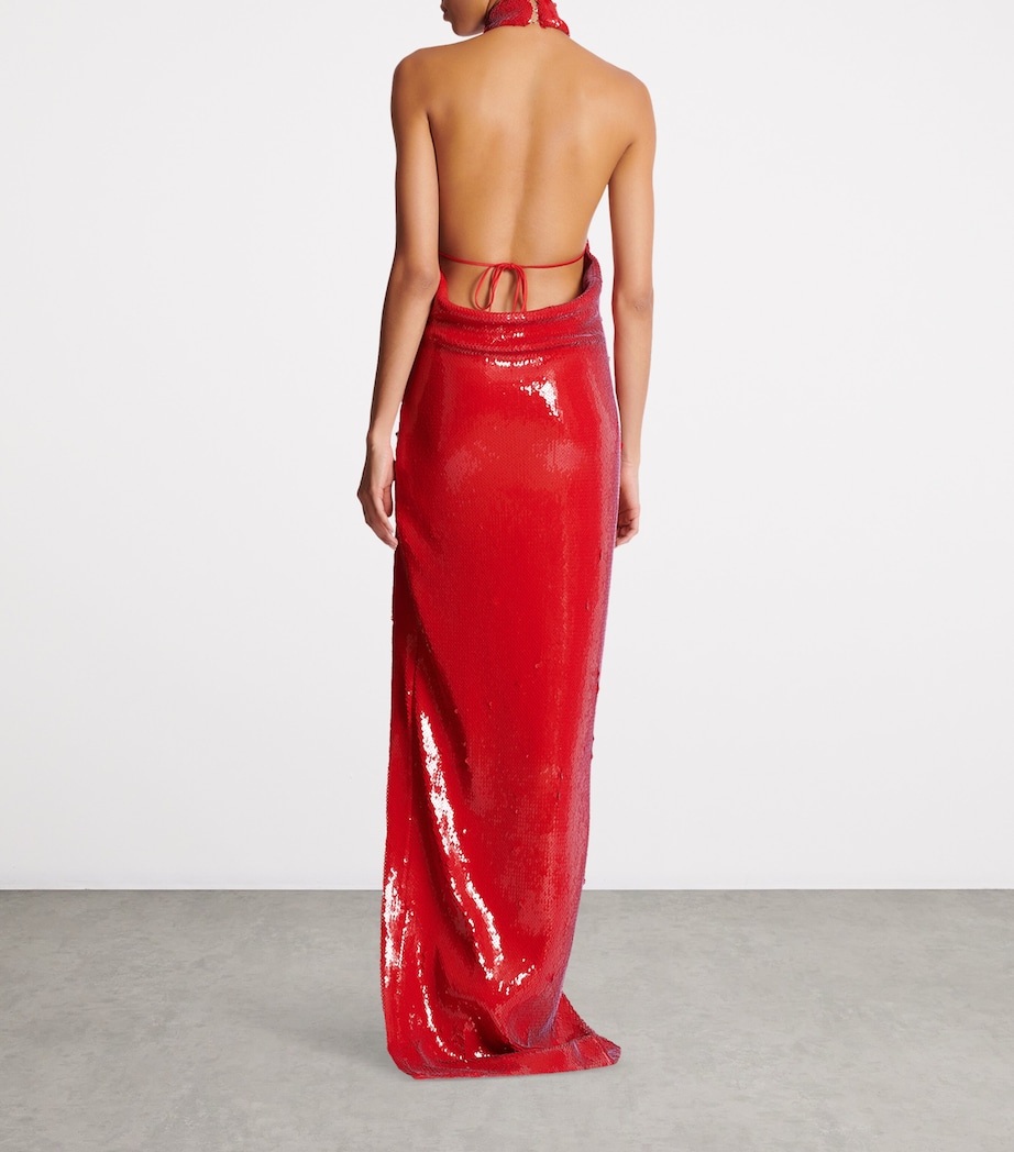 Sequinned Halterneck Maxi Dress 3CH RED Image 3