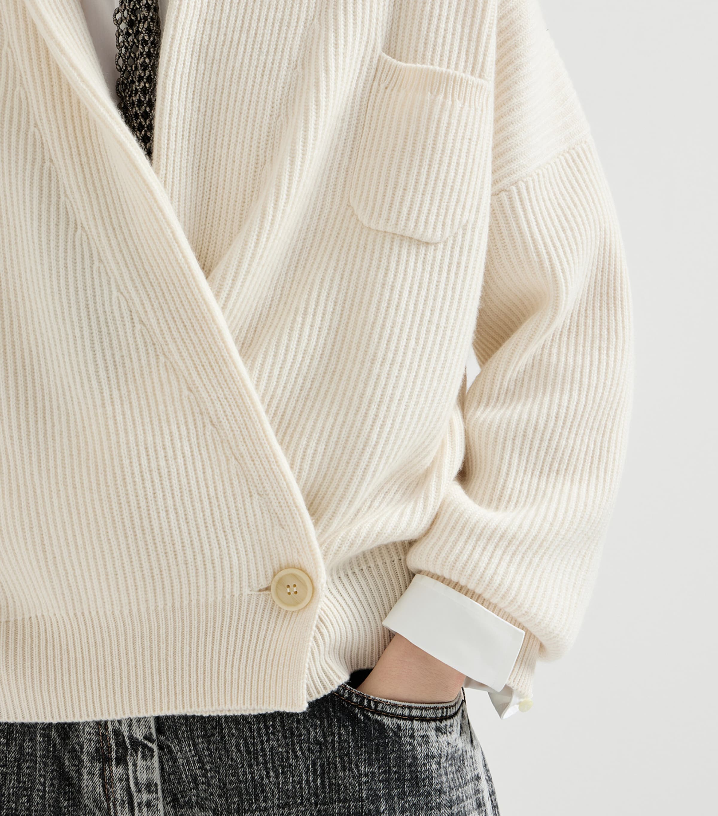 Brunello Cucinelli Womens Cashmere English Rib Asymmetric Cardigan English White Image 6