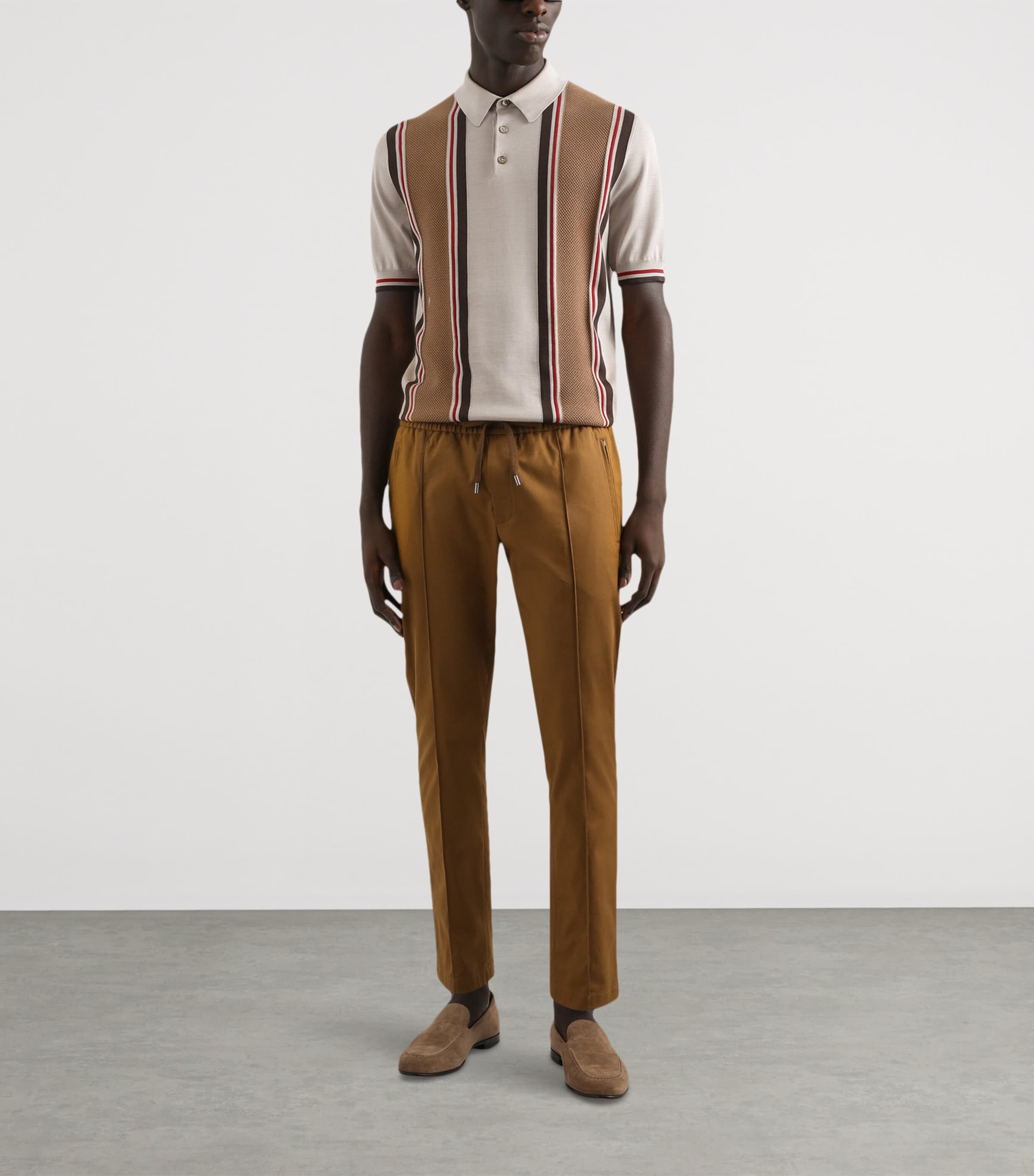 Silk-Blend Stripe Polo Shirt M4149-BEIGE/CAMMELLO Image 2