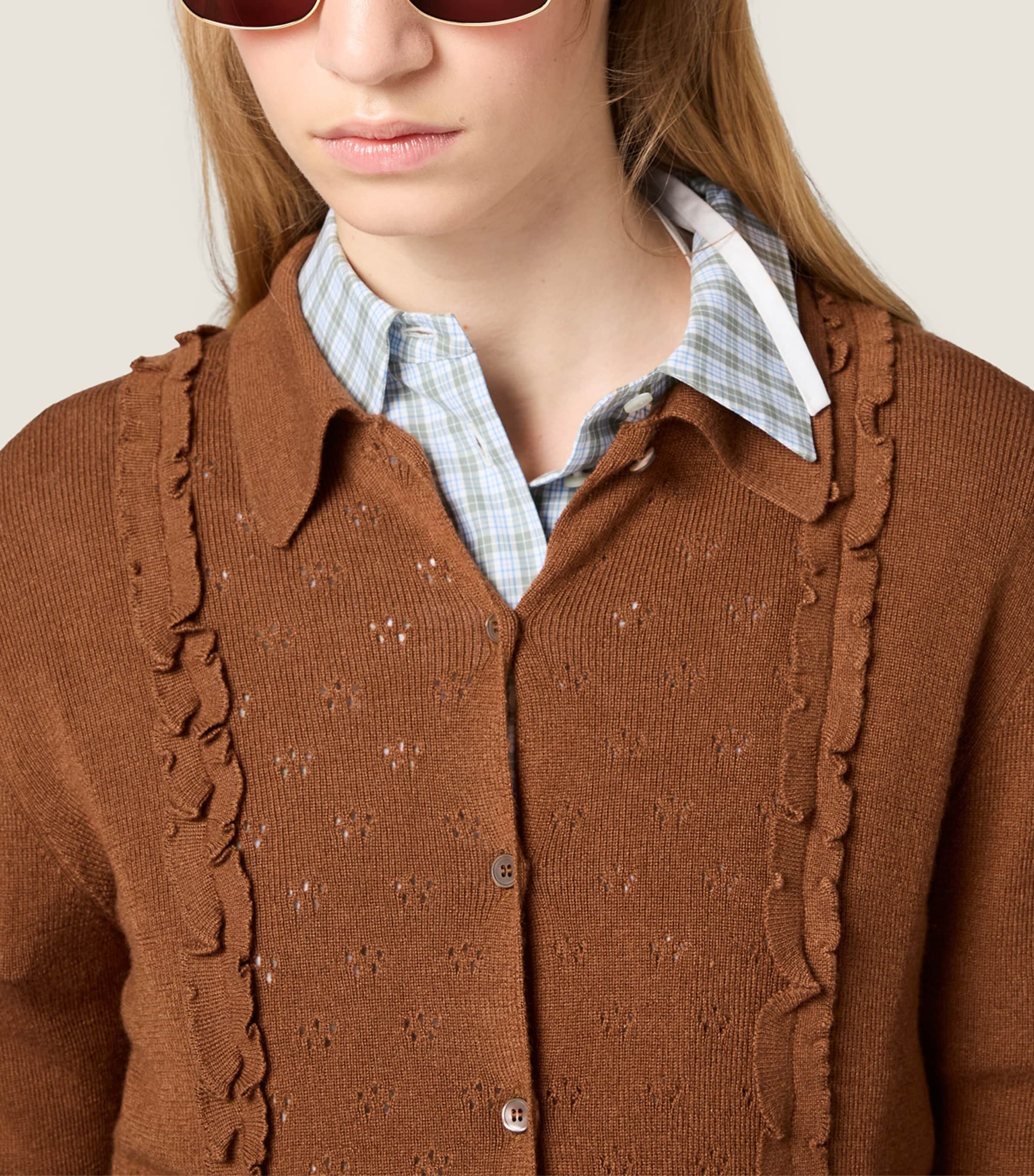 Miu Miu Womens Cashmere-Silk Ruffled Cardigan Brown Image 5