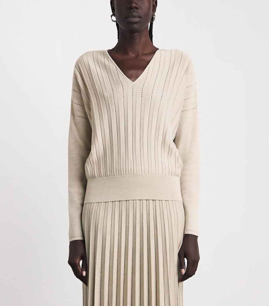 Agnona Womens Plissé V-Neck Sweater Beige Greige Image 4