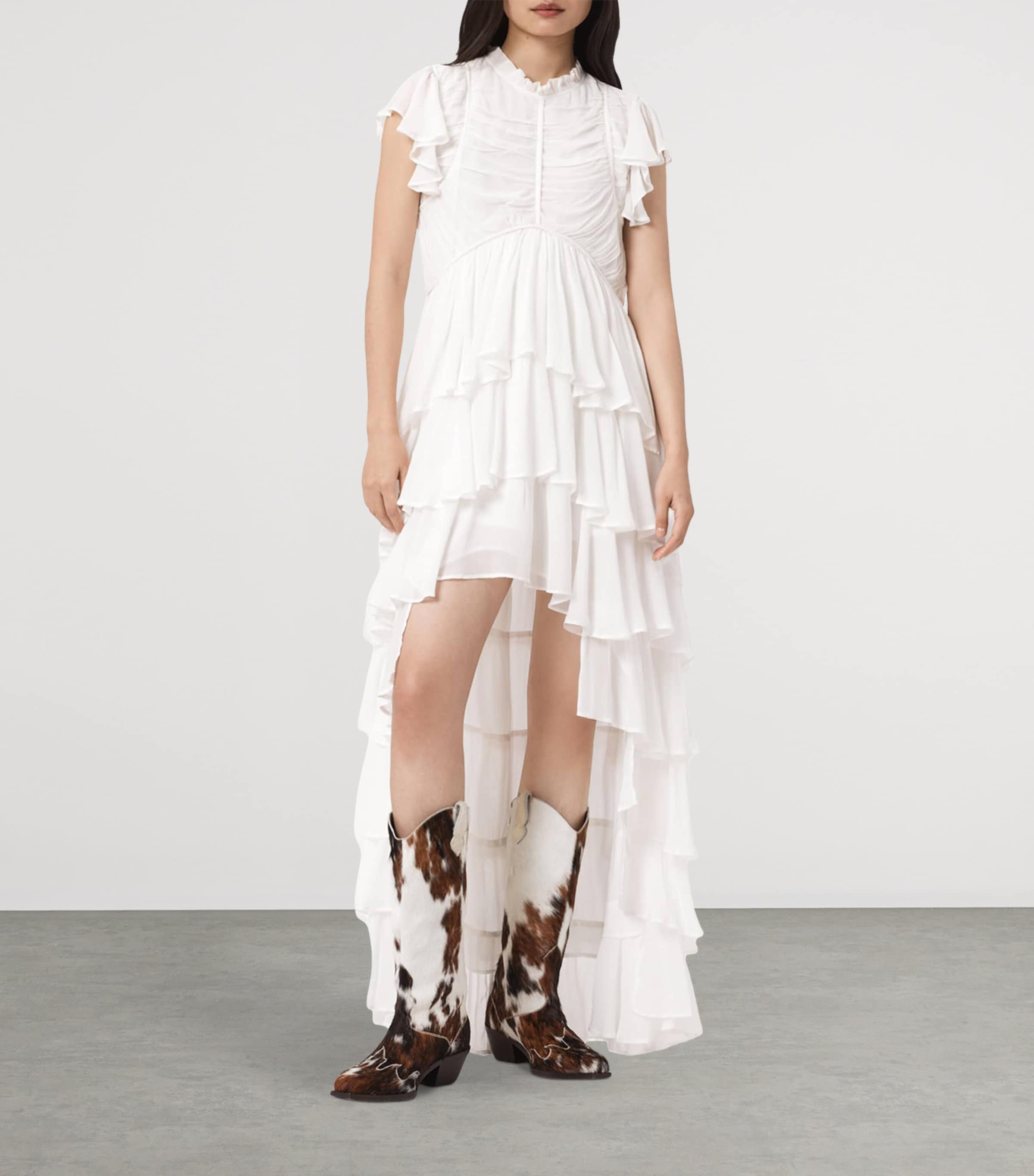 AllSaints Womens Ruffled High-Low Shaela Maxi Dress Optic White Image 3